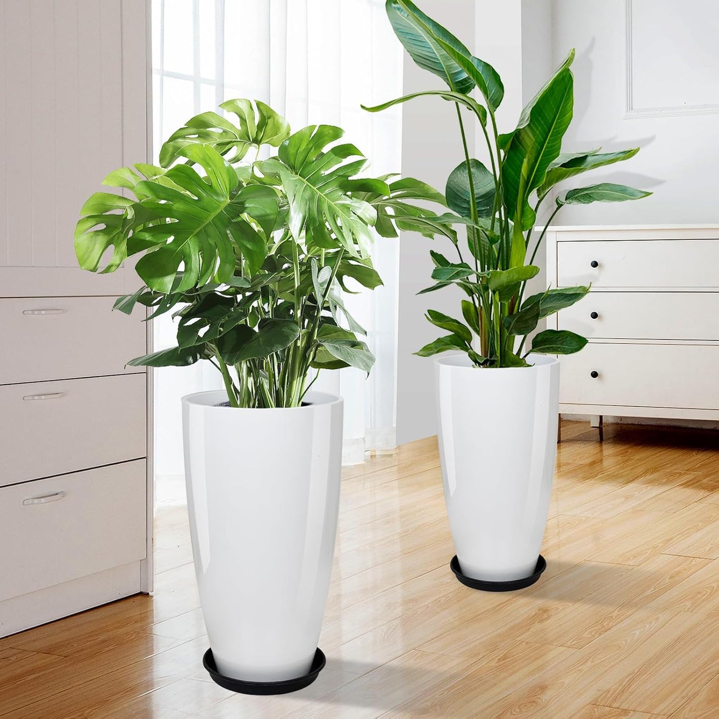 21 inch Tall Planter Indoor Outdoor, Set of 2 Tall Outdoor Planters for Porch Large Planter Pot with Drainage Hole for Home Garden Front Door (White)