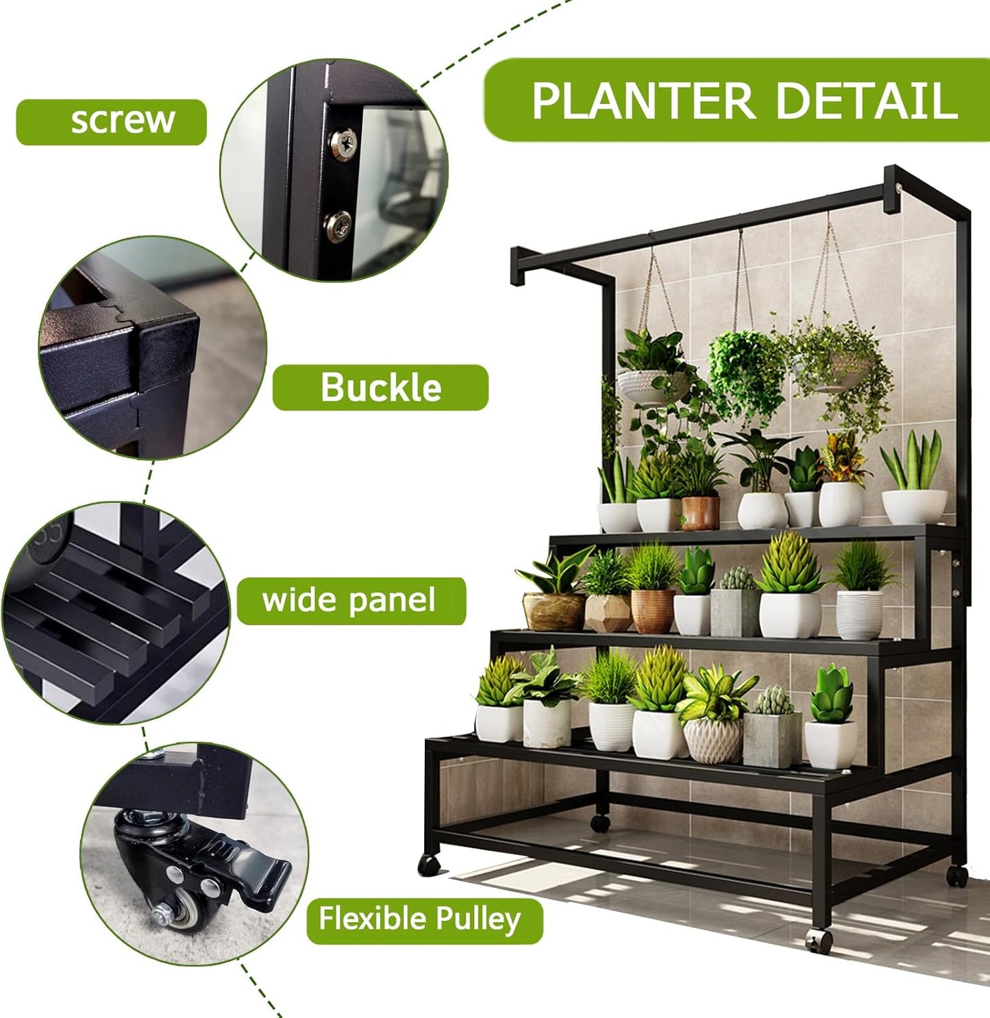 3 Tier Large Metal Plant Stand, with Hanging Tall Plant pot shelf, with Rollers Heavy Duty Plant Holder, for Home/Garden/living room/balcony (BLACK, 47IN)