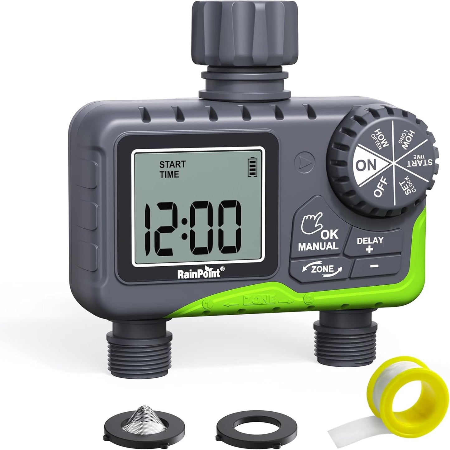 RAINPOINT Sprinkler Timer, 2 Outlets Hose Timers, 2 Zone Water Timer for Watering with Rain Delay/Manual/Automatic Timed Irrigation Controller System for Lawn