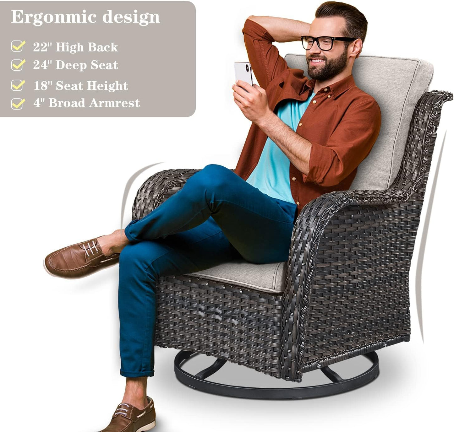 Outdoor Patio Furniture Set - 7 Piece Brown Wicker Conversation Patio Furniture Set All Weather Swivel Chairs with Ottoman and Loveseat Glider Chair for Deck Balcony Backyard