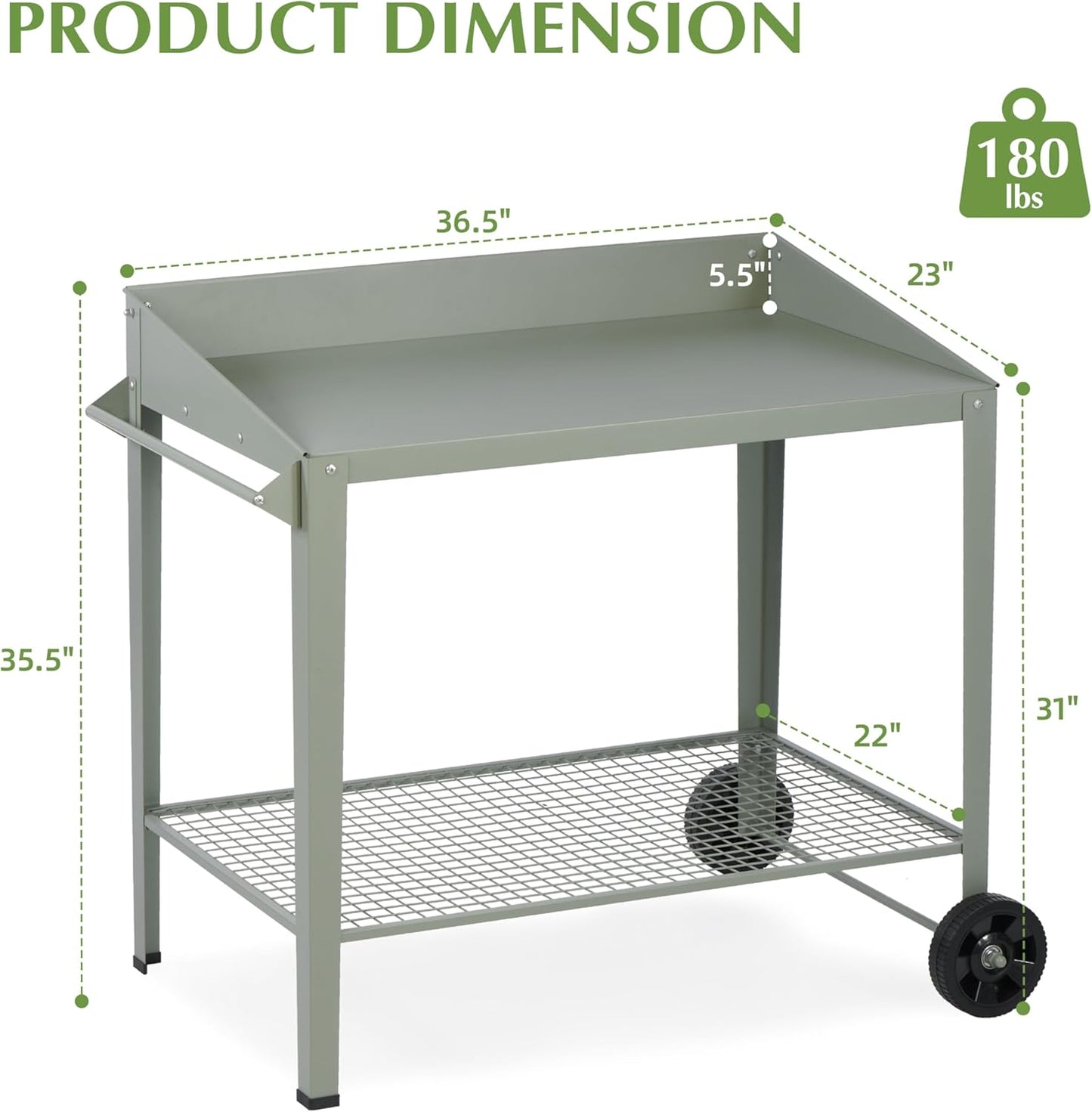 Outdoor Metal Potting Bench with Wheels, Heavy Duty Garden Workbench Table with Storage Shelf (Green, 36"x38.8")