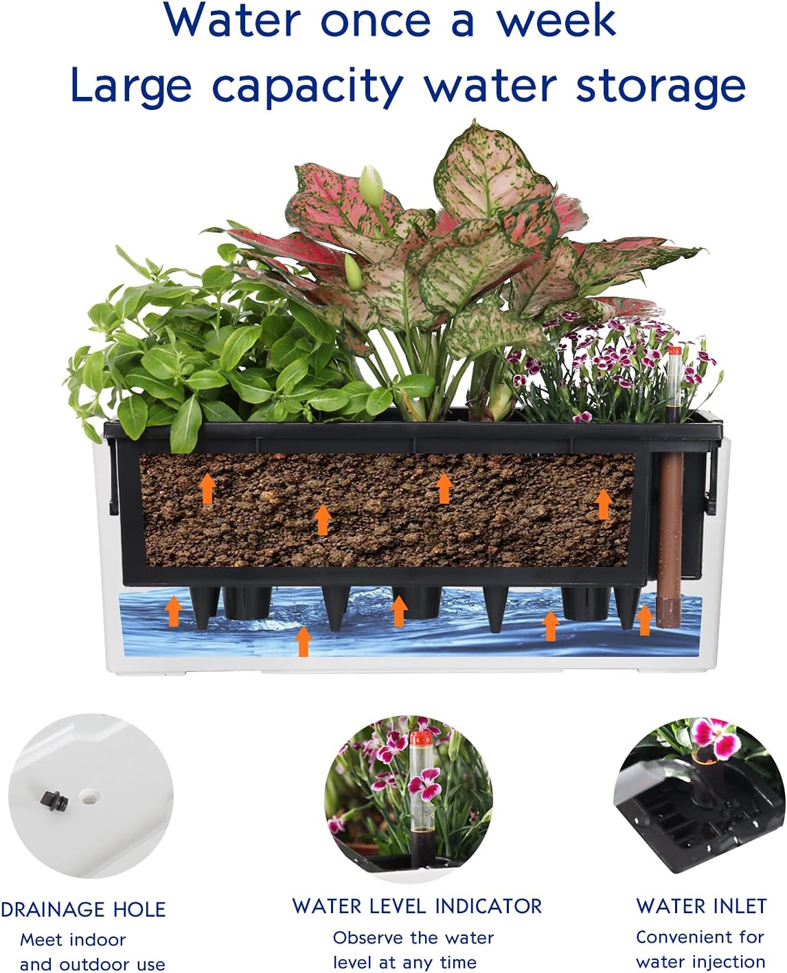 GardenBasix Self Watering Planter Pots 7.5 x 20 inch Indoor Outdoor Home Garden Herb Flower Pot for Hanging Railing Balcony Tabletop (Black,7.5''x 20'')