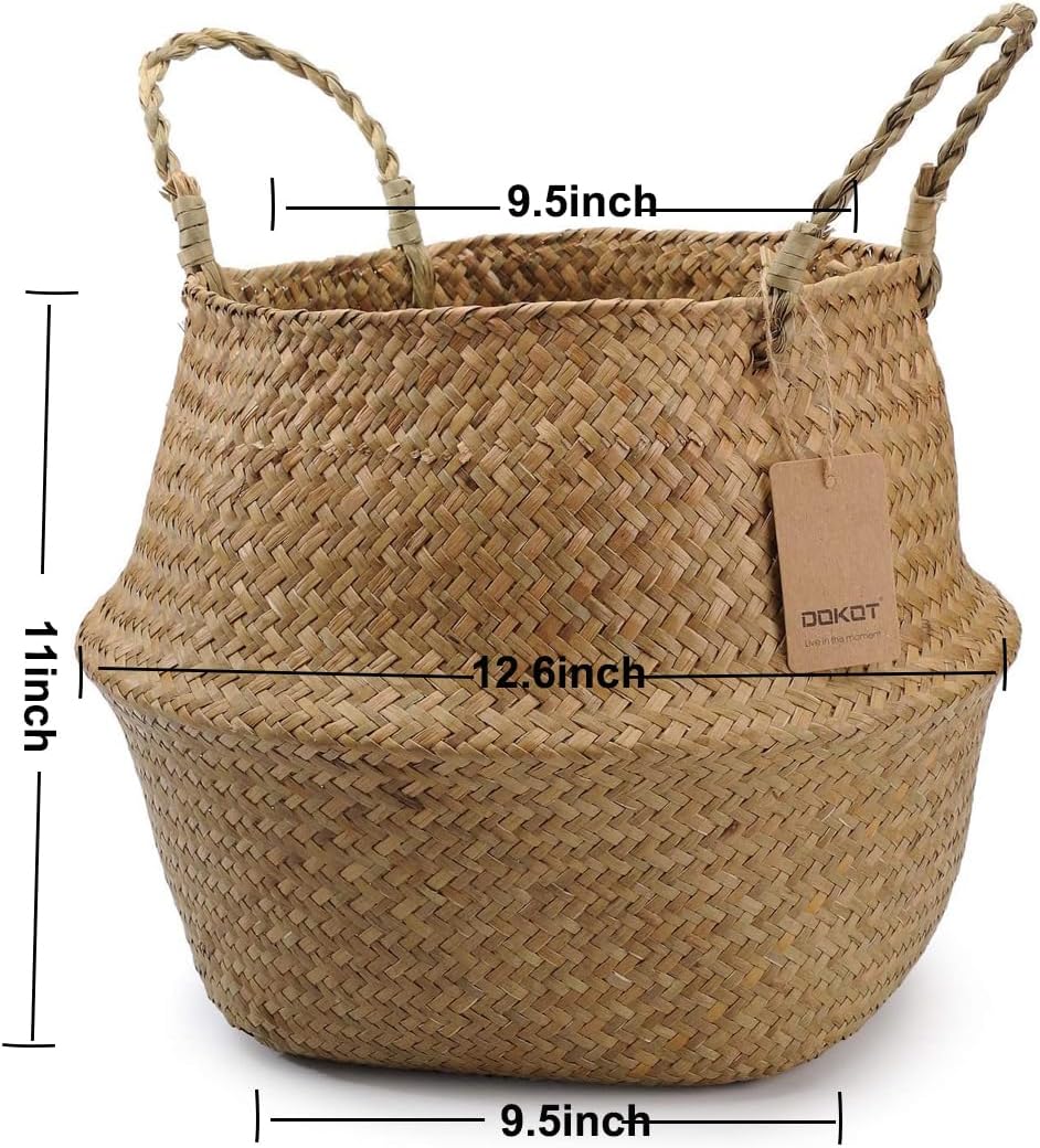 DOKOT Seagrass Plant Basket with Handles, Wicker Woven Storage Basket, 9.5inch Diameter x 11inch Height