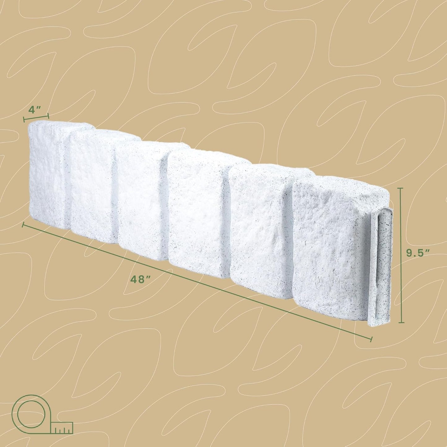 Beuta Landscape Edging | Garden Edging Border | Faux Stone Block XL for Lawn Edging, Flower Beds & Yard Edging – 1 Pack | Each Section Has 6 Blocks 48" L x 4" W x 9.5" H | 3 Spikes | Limewash
