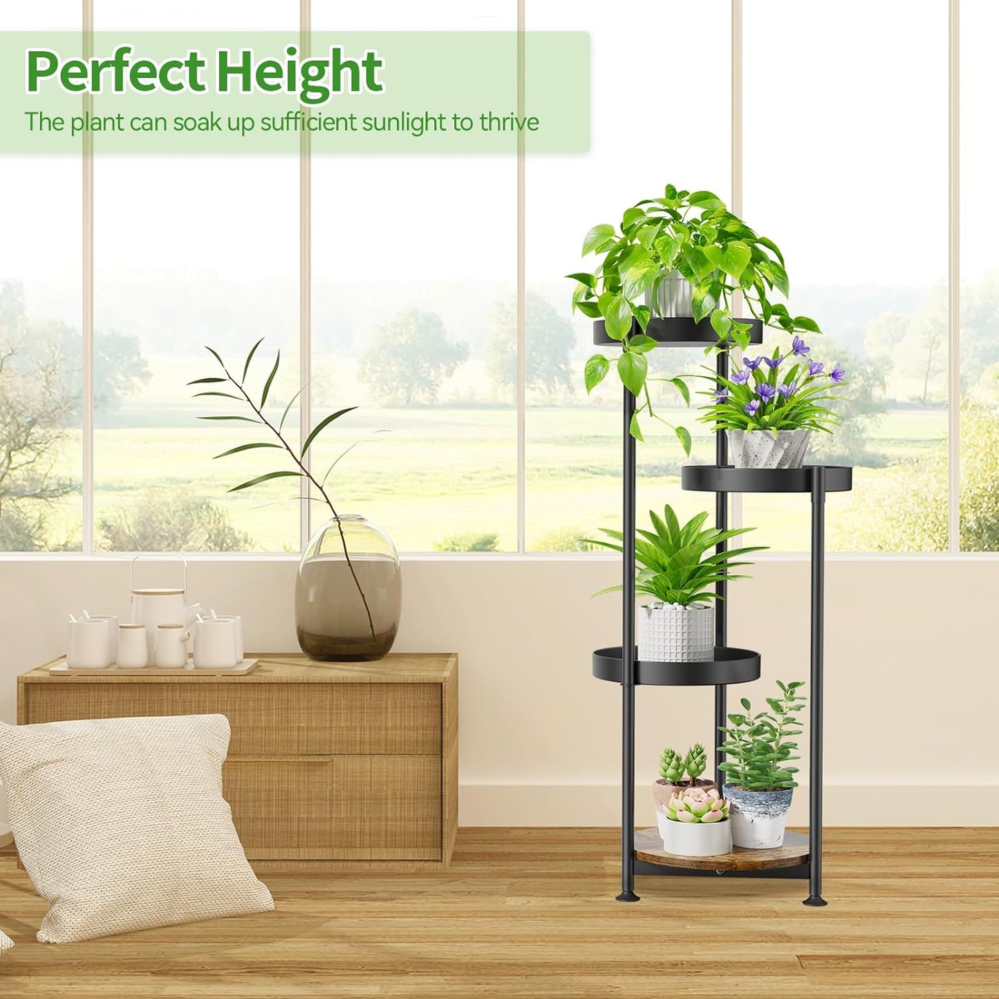 Plant Stand Indoor Outdoor Clearance, 4 Tier Metal Tall Flower Shelf Holder, Multiple Plant Round Corner Rack Organizer Display for Patio Orchid Office Porch Living Room Garden Balcony, Black