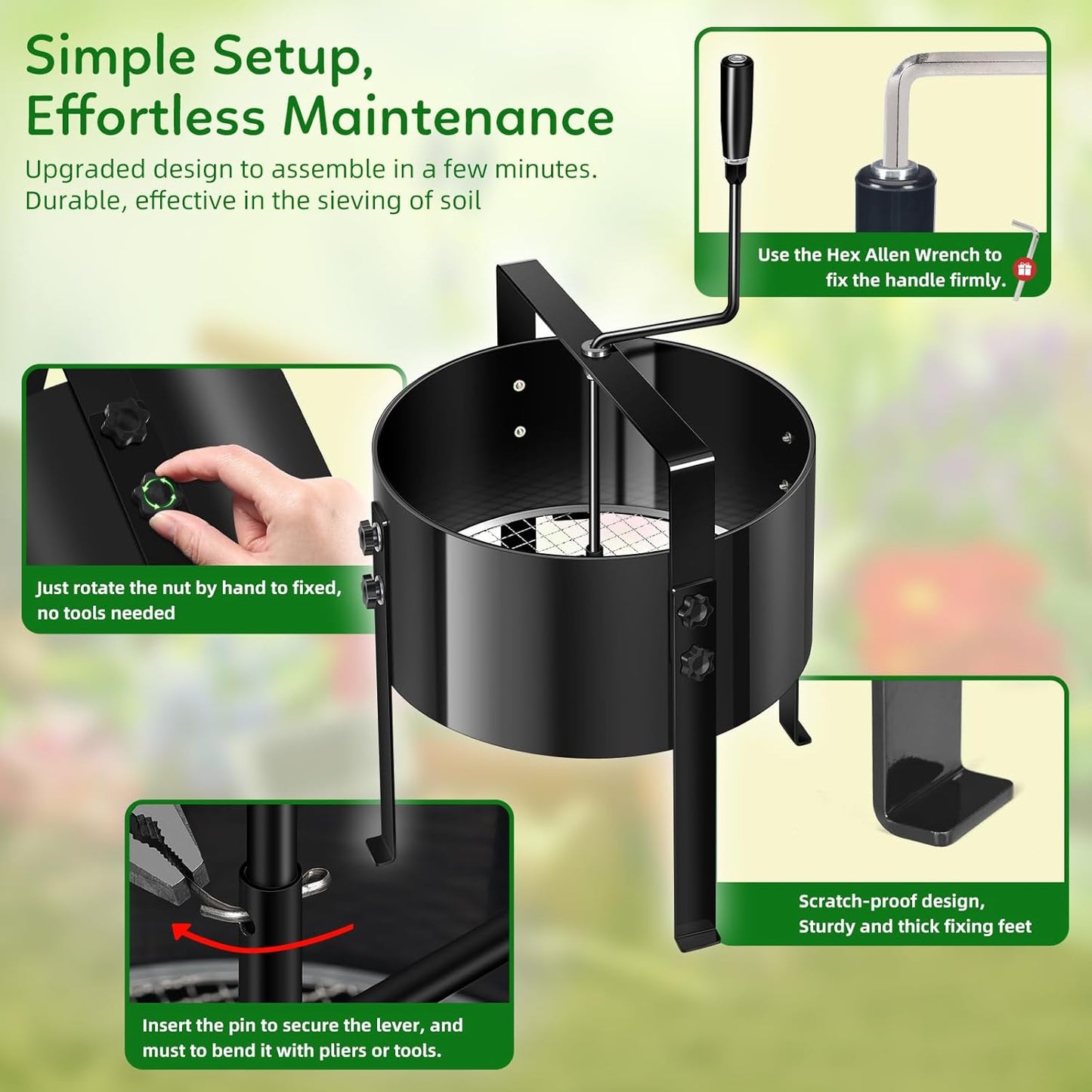 New Upgrade Rotary Soil Sifter Compost Sieve, 13 Inch Heavy-Duty Garden Soil Screen with 4 Replaceable Sifting Sieve (3/6/9/12mm) for Sand Rocks Dirt Compost, Includes Gardening Shovel & Gloves Kit 