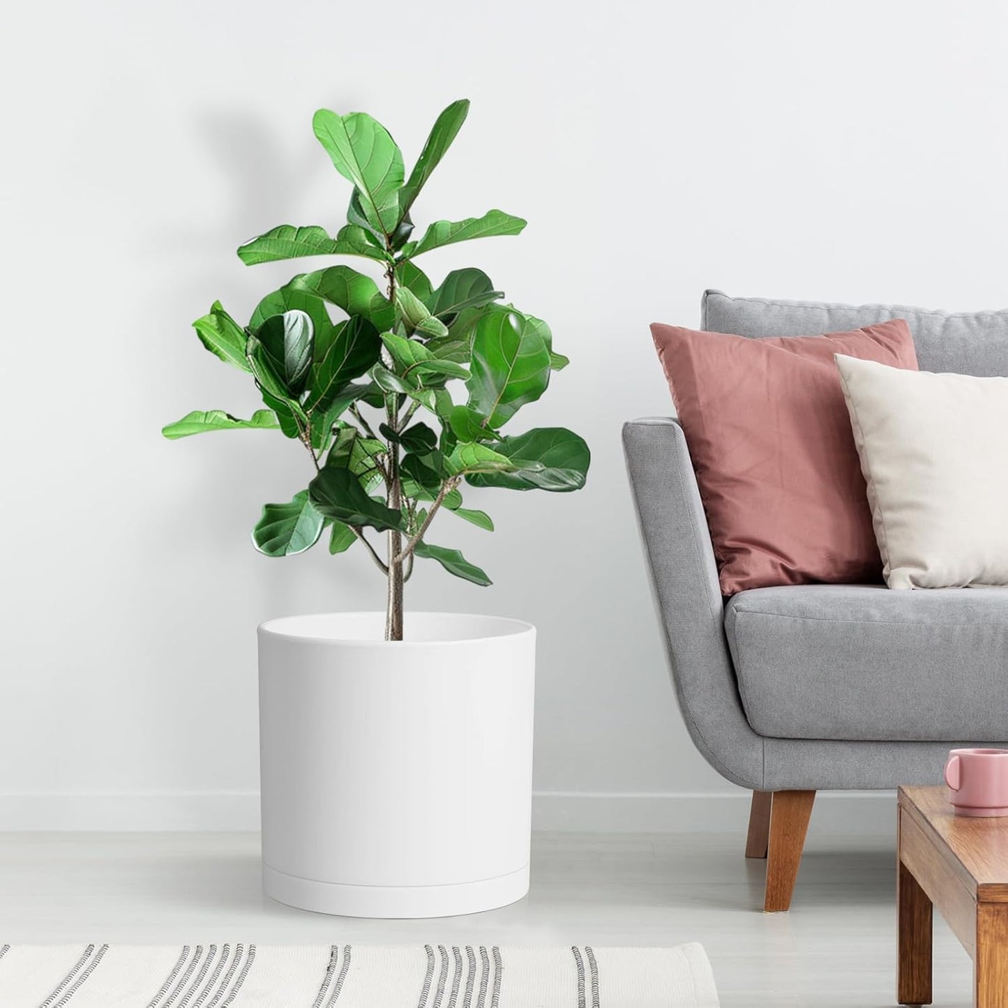 10 Inch Large Plant Pots for Indoor Outdoor Plants, Cylinder Deep Flower Pots with Drainage Holes and Saucer, Big Decorative Plastic Planter Pots for Garden House Plants, White