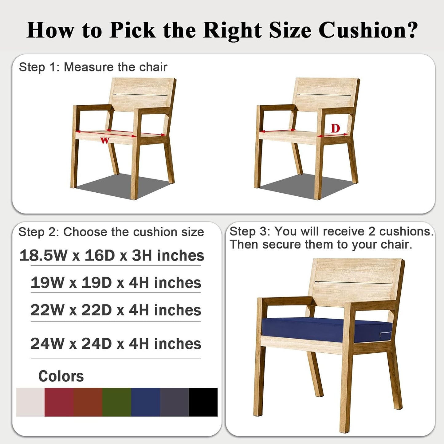 Outdoor Chair Cushions Set of 2 for Patio Furniture 18.5x16x3 Inch Waterproof Patio Chair Cushion 3 Year Color Fastness Rectangle Elastic Foam Garden Couch Pads with Ties and Handle,Blue