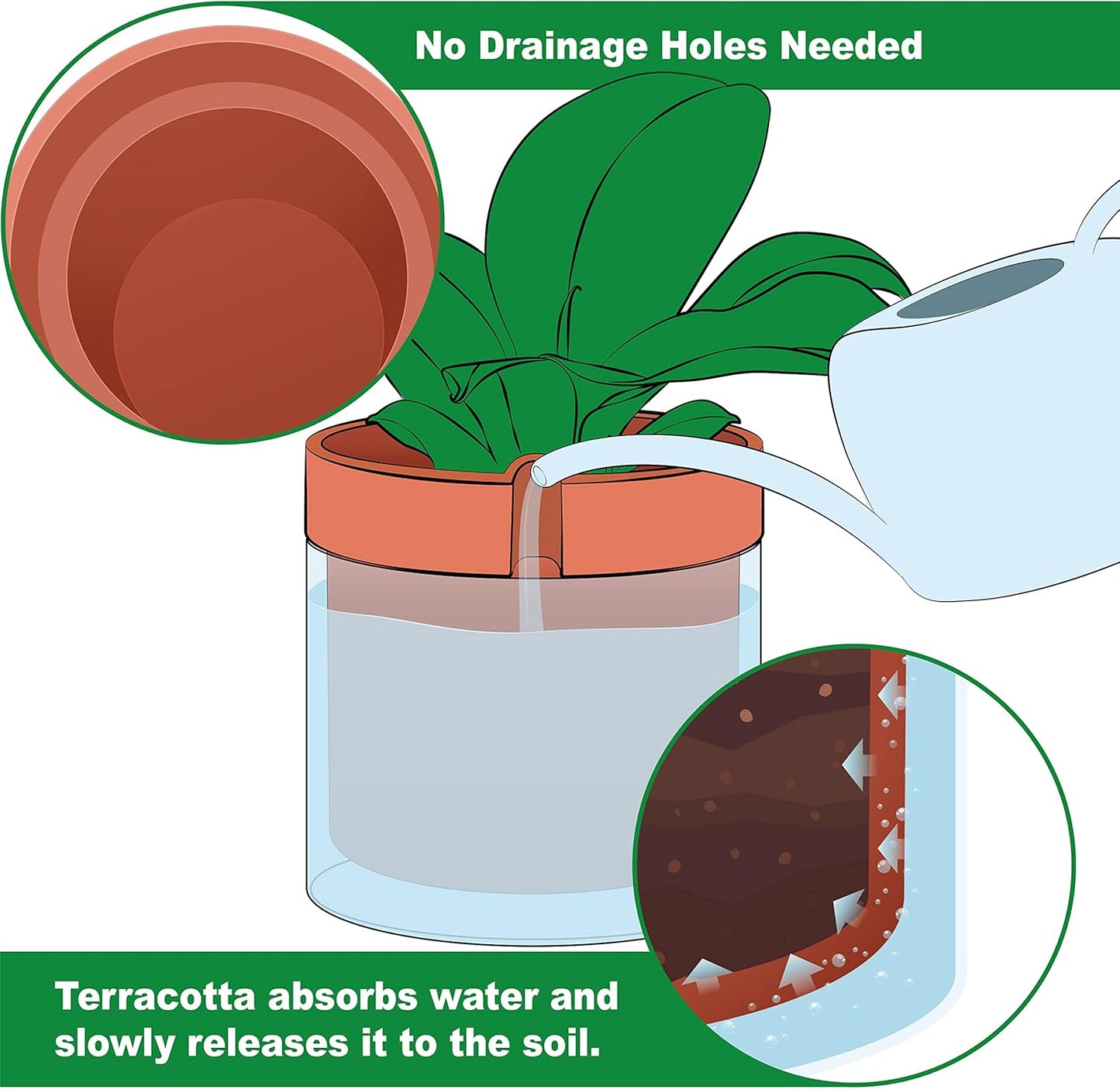 Phoenix Vine 10 Inch Self Watering Planter Pot, Terracotta Clay Pot with Glass Reservoir for Indoor Plants, Herbs, Flowers, Set of 1, 52-A-I-1