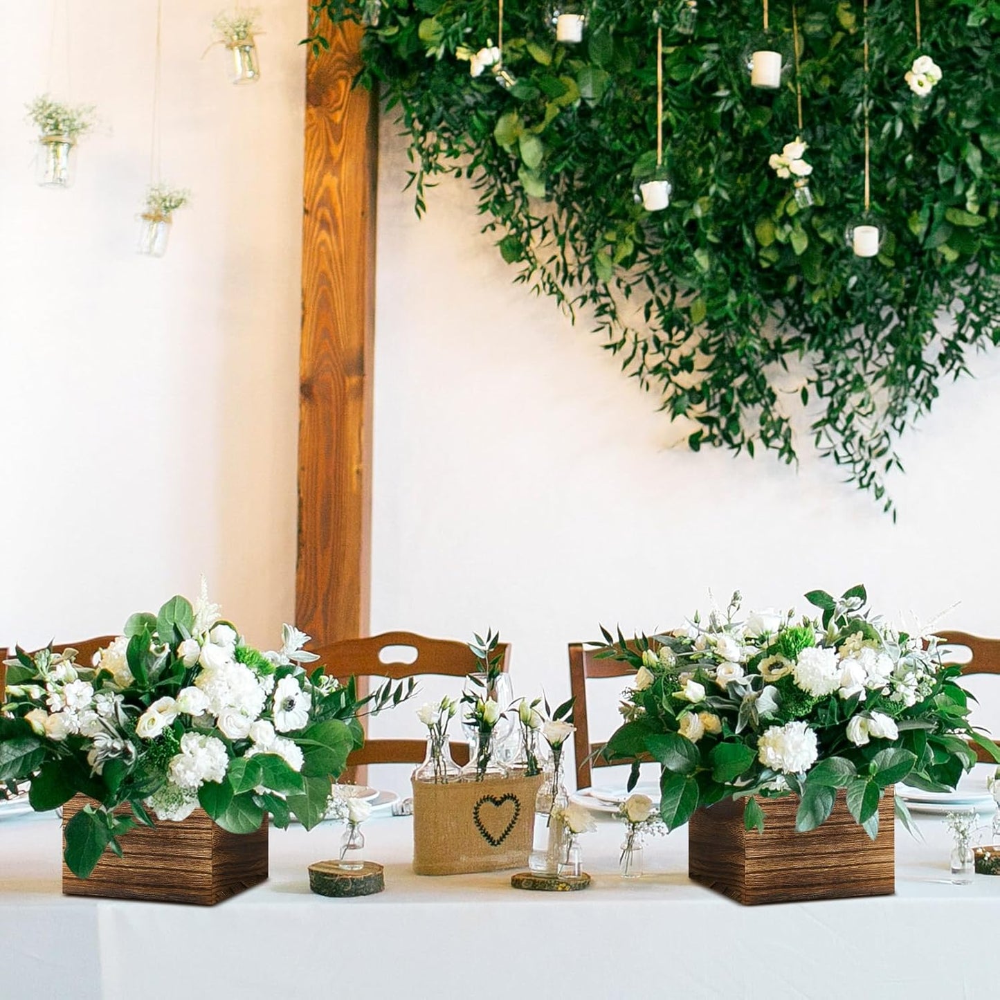 Dandat 12 Set Wood Cube Planter Box Square Wood Vase Rustic Cube Planter Box with Removable Plastic Liner Floral Foam Blocks for Centerpieces Home Wedding Garden Decor, Country Style (Brown)