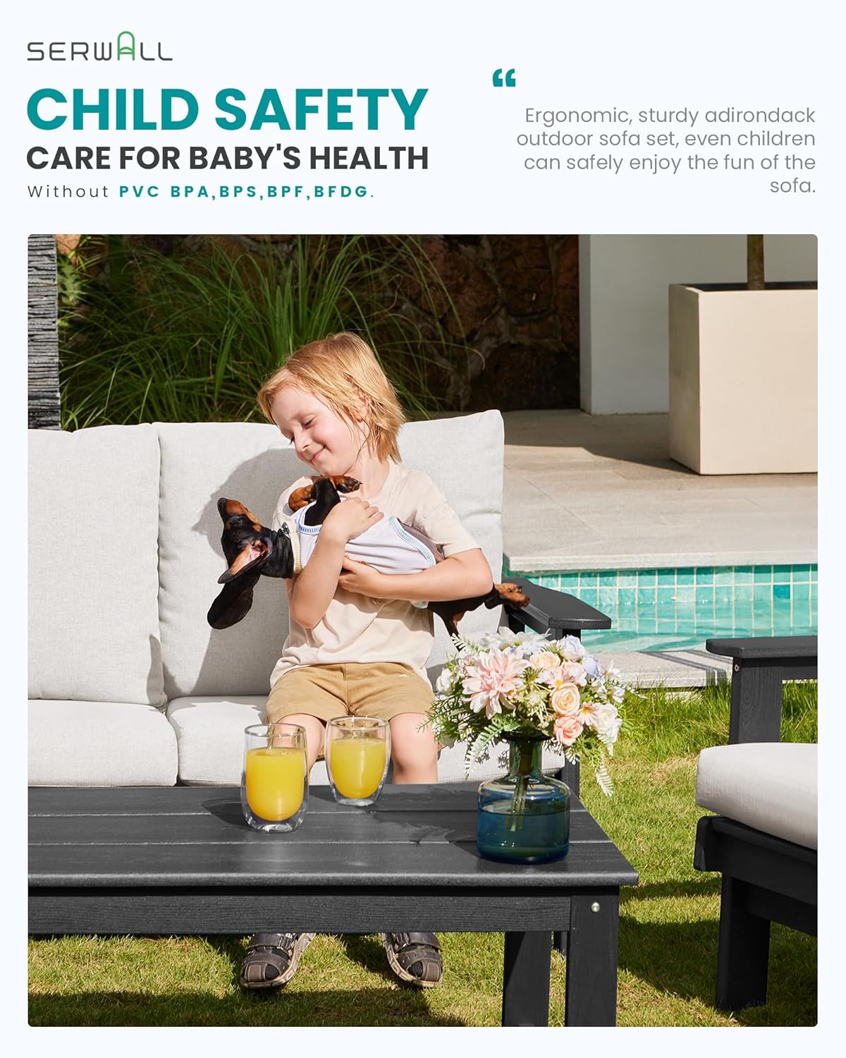 SERWALL Outdoor Patio Furniture Set, 5 Piece HDPE Patio Conversation Sets, All-Weather Wood-Like Outdoor Couch Loveseat and Coffee Table with Thick Cushions for Porch Balcony Garden Backyard