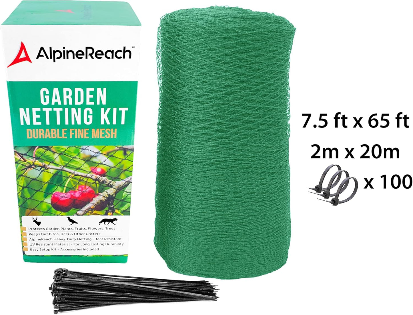 AlpineReach Garden Netting 7.5 x 65 ft Heavy Duty Bird Net, Deer, Plant Protection Extra Strong Woven Mesh, Reusable Kit with Zip Ties, Animal Fencing for Fruits Trees, Green