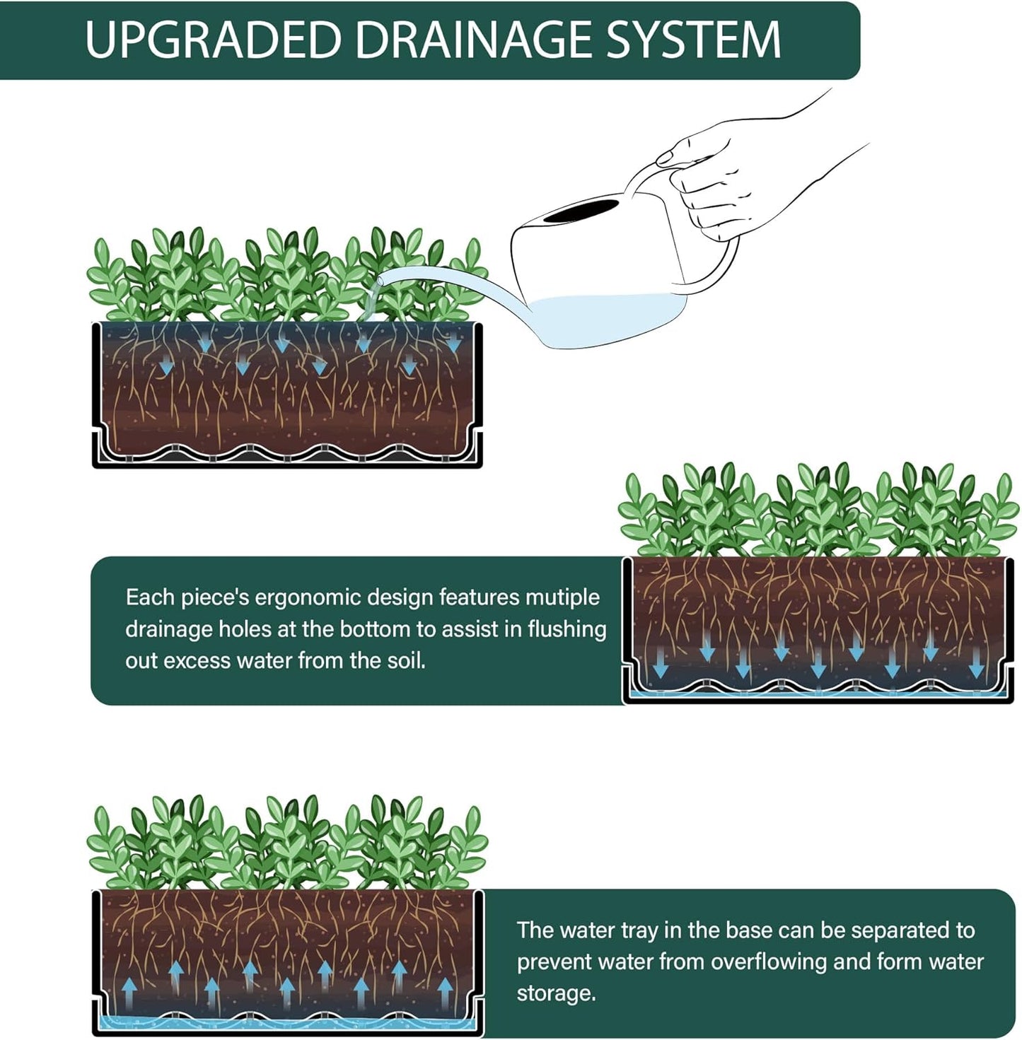 D'vine Dev 12 Inch Window Box Planter, Rectangle Plastic Herb Planter with Drainage Holes and Saucer, Indoor Succulent Cactus Vegetable Pot for Windowsill, Garden Balcony, Black, Set of 1, 76-X-B-1