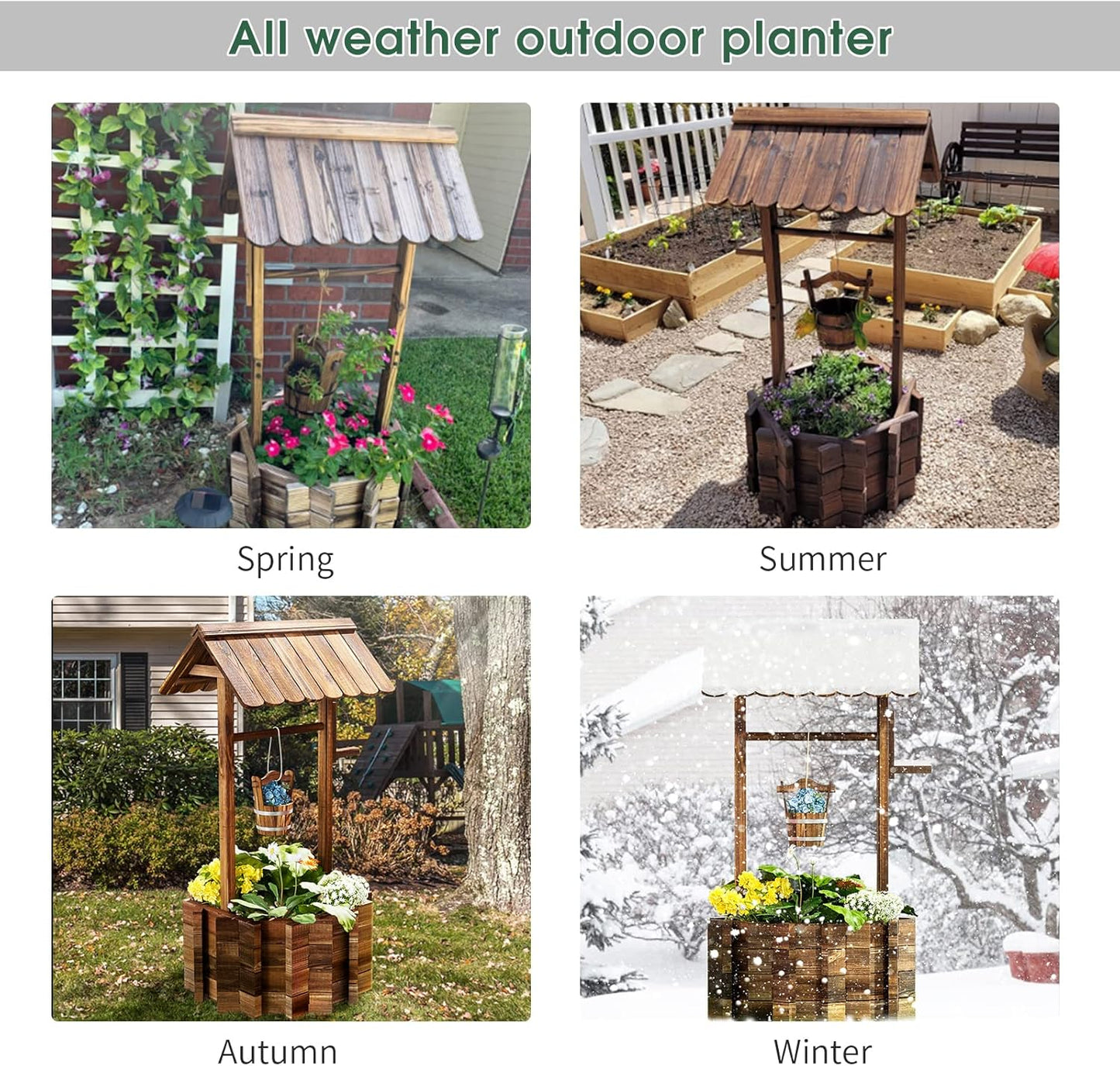 Wooden Wishing Well Planter for Outdoors with Hanging Bucket, Rustic Flower Planter Patio Garden Decorative, Brown (Brown)