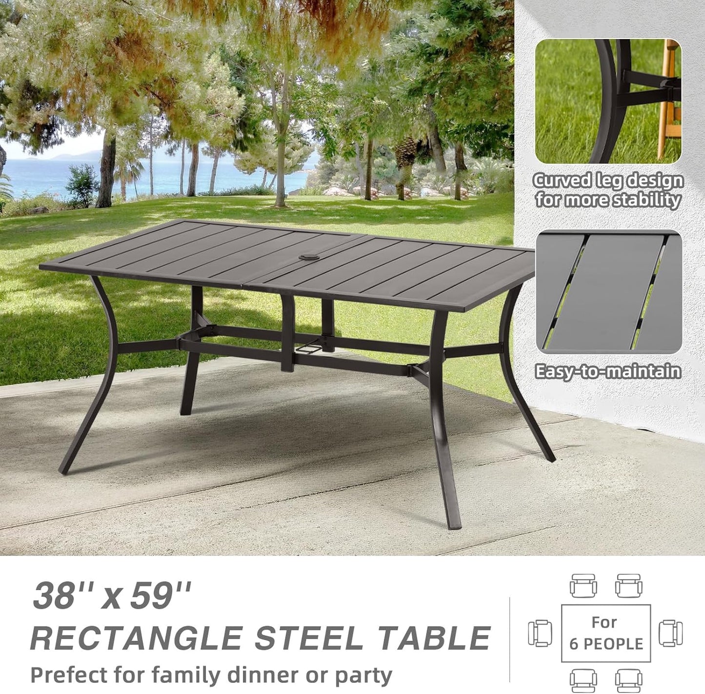 Aoodor Patio Dining Table for 6 People, 59" L x 38" W Rectangular Metal Outdoor Dining Table with Adjustable Umbrella Hole for Garden, Poolside, Backyard