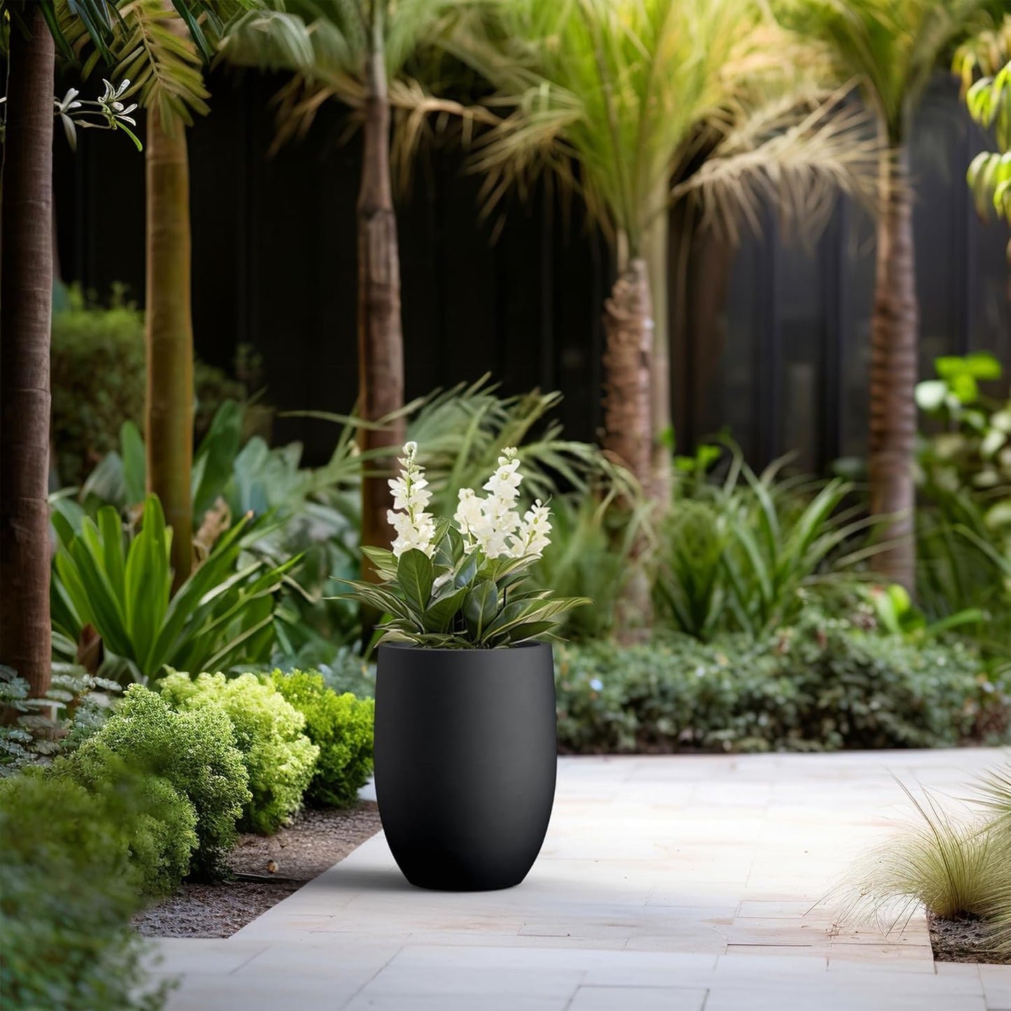 Kante 16.5 Inch Tall Concrete Planter, Large Indoor Outdoor Plant Pot with Drainage, Smooth Black Finish with Warm Brown Interior, Ideal for Porch, Home, Garden, Patio