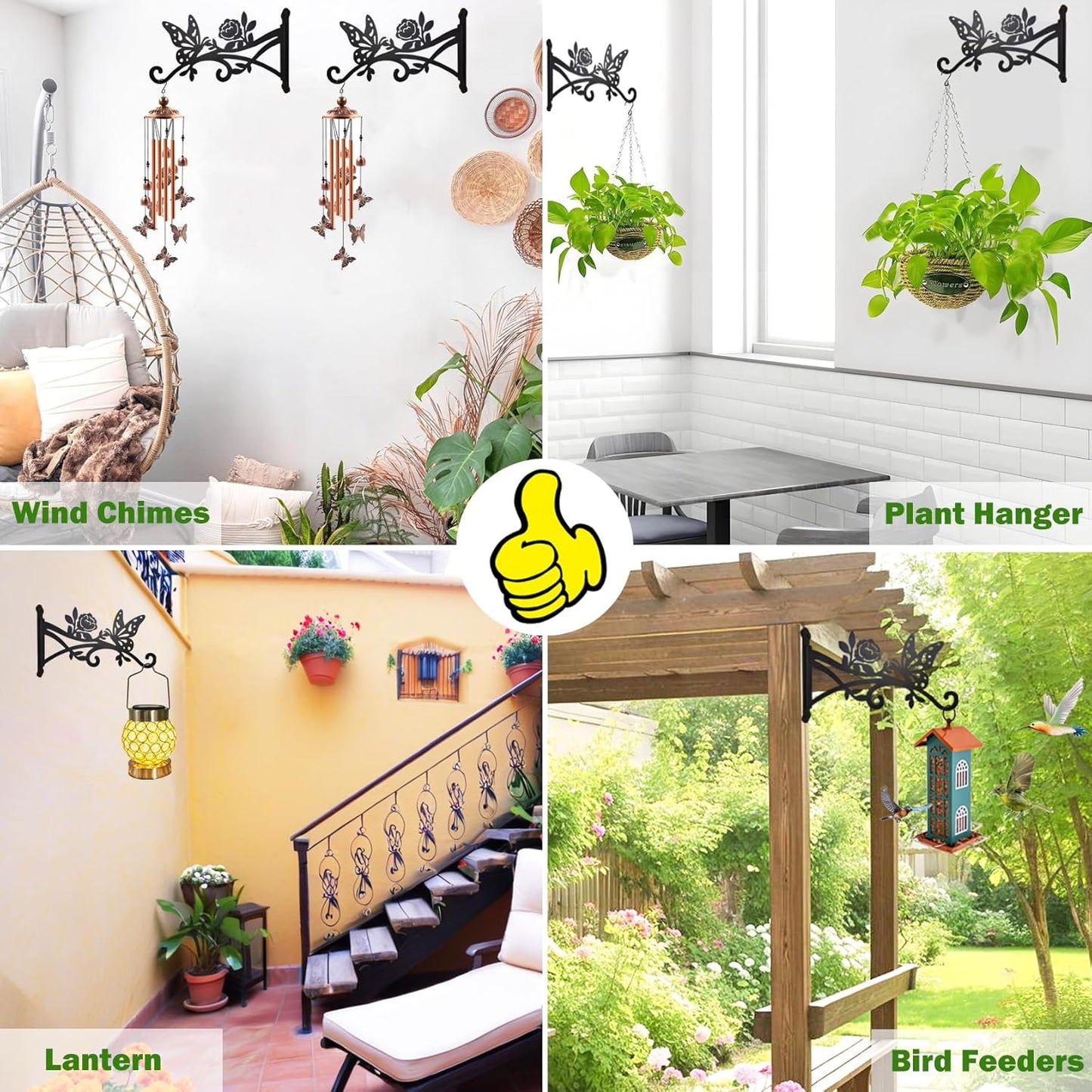 4 Pack Plant Hanger Hook,12in Heavy Duty Hanging Basket Hooks, Metal Plant Wall Hanger with Butterfly Pattern,Plant Bracket for Outdoor or Indoor Hanging Plants,Bird Feeder,Lantern,Home Decor