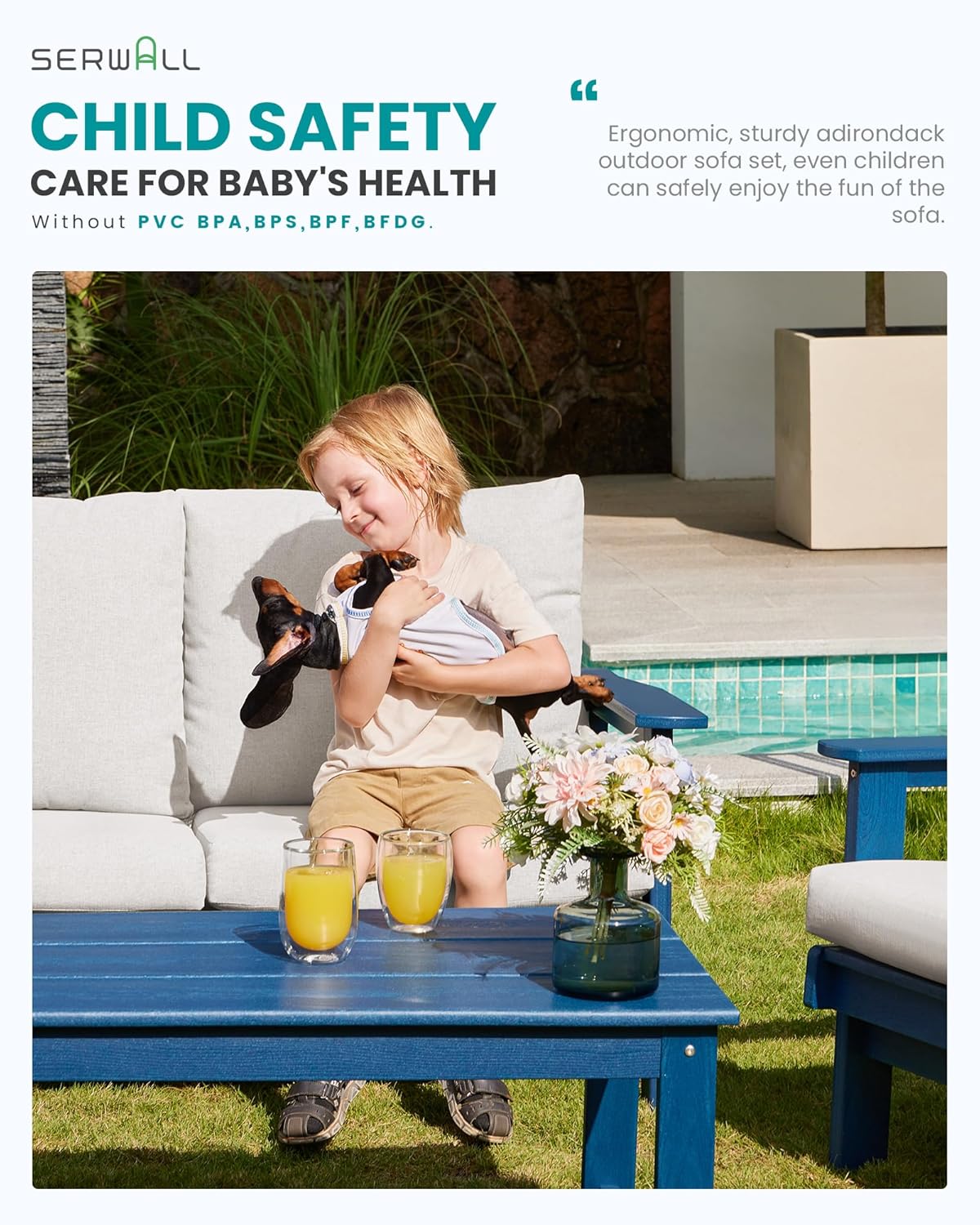 SERWALL Outdoor Loveseat, Blue Frame and Khaki Cushion