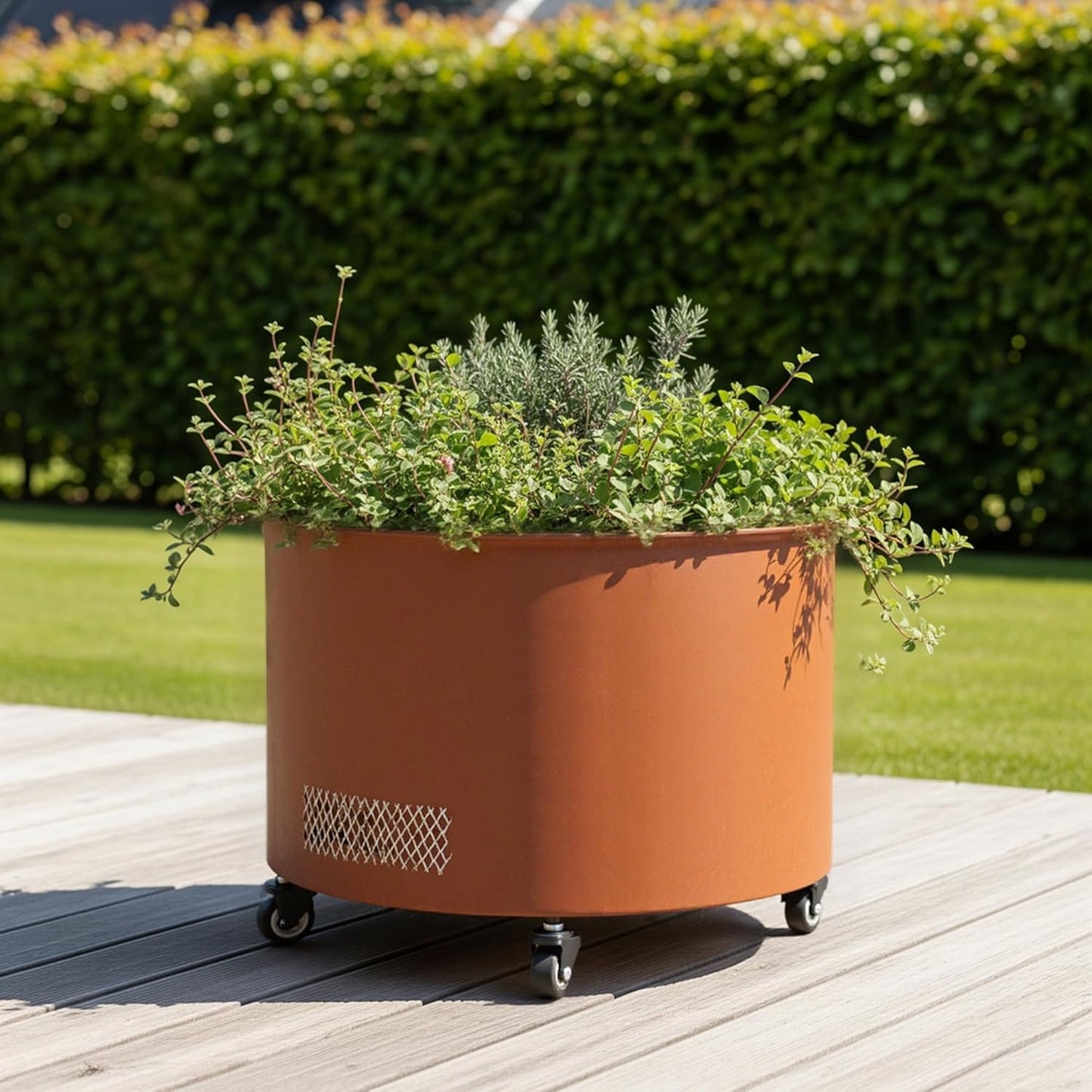 Steel Planter with Wheels - 14.6" Weathering Raised Garden Bed for Tomatoes & Vines, 360° Swivel Indoor/Outdoor Use, Thick-Gauge Rust-Resistant Metal Trough (Brown)