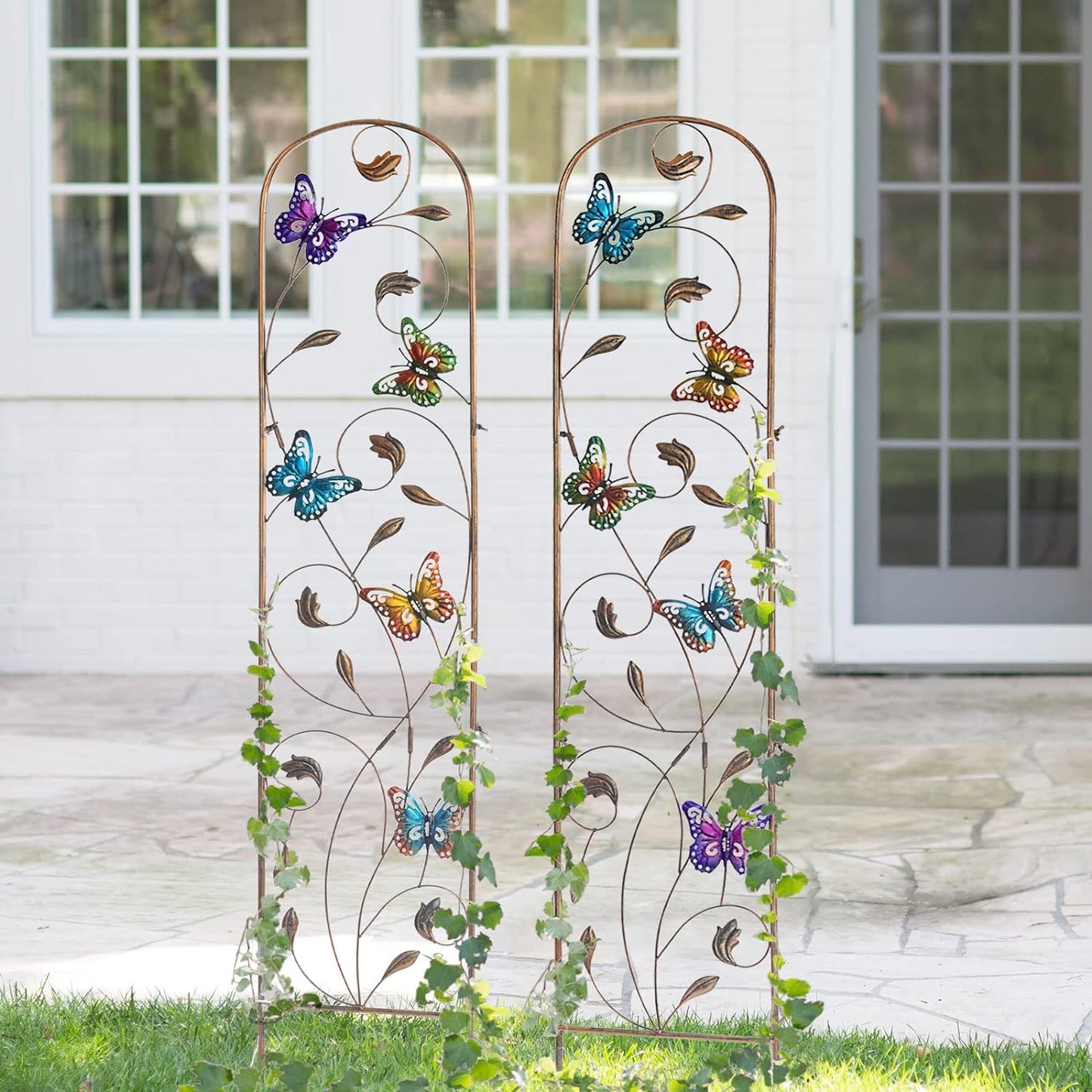 LEWIS&WAYNE 2 Pack Metal Garden Trellis with Colorful Butterfly 60 Inch High Outdoor Decoration Arched Fence Trellis for Climbing Plants for Patio, Lawn, Yard, Backyard, Wall Brackets