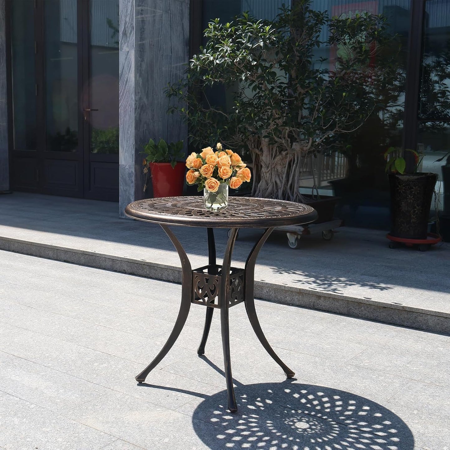 30.7" Outdoor Round Cast Wrought Aluminum Patio Metal Dining Table with Umbrella Hole, Cast Aluminum Frame Bistro Table for Backyard Lawn Balcony Deck, Bronze