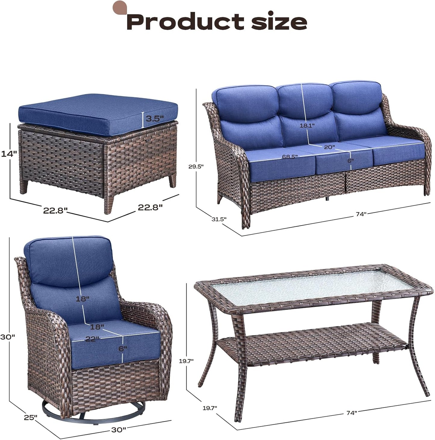Wicker Outdoor Patio Furniture Set - 8 Piece Patio Conversation Sets with Swivel Rocker Chairs, Ottomans, Sofa and Table, 6 inch Cushions, Deep Seating, for Porch Deck Brown/Blue