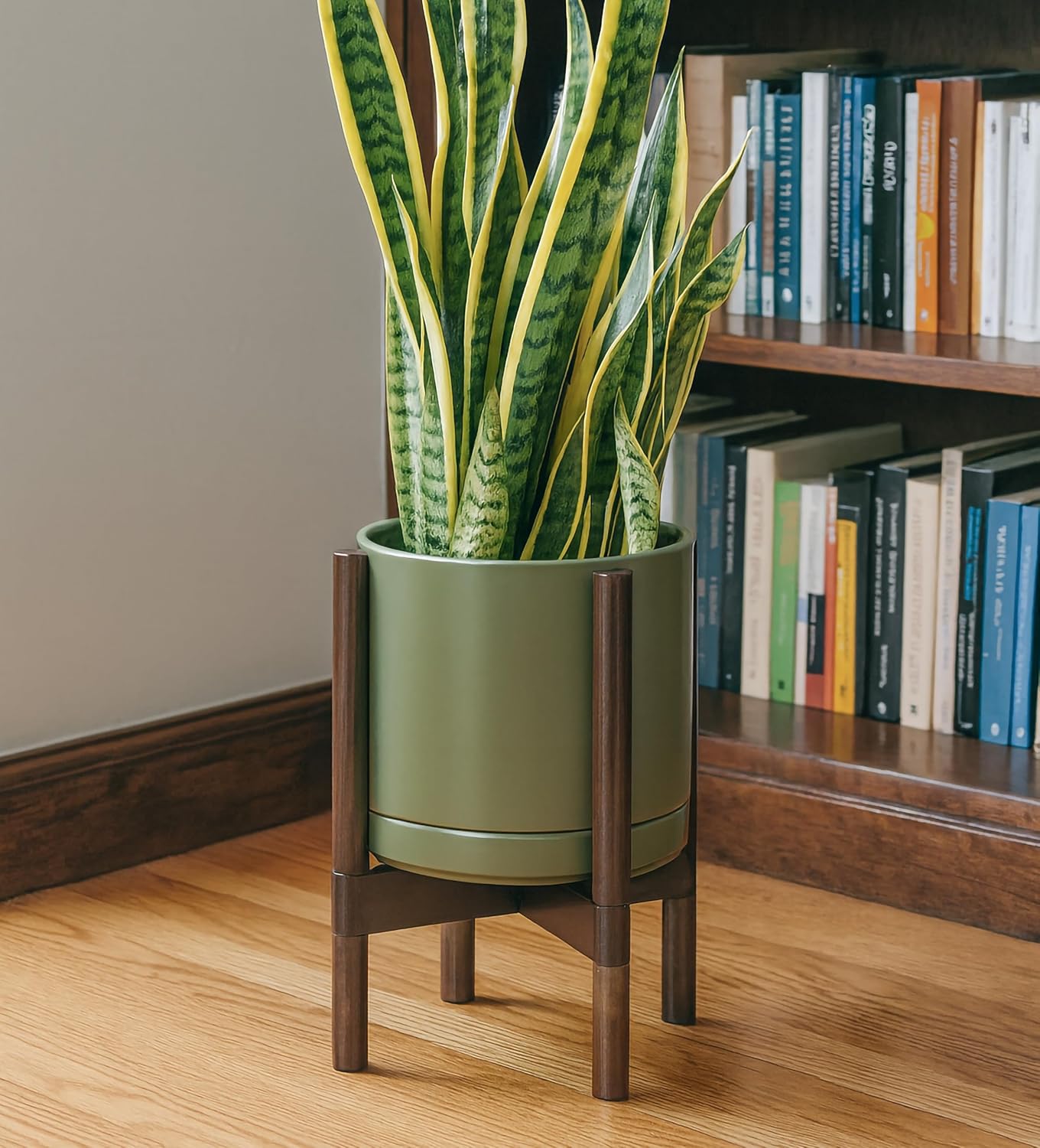 D'vine Dev Ceramic Planter with Walnut Color Stand - 10 Inch Modern Round Flower Pot with Wood Planter Holder, Olive, 55-B-X-J