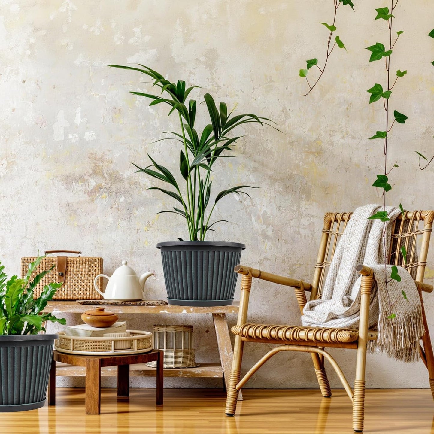 10 Inch Planter-Pots-for-Plants-Indoor-Outdoor, 4 Pack Plastic Flower Pots with Saucer & Drainage Holes, Modern Decorative Resin Garden Pots