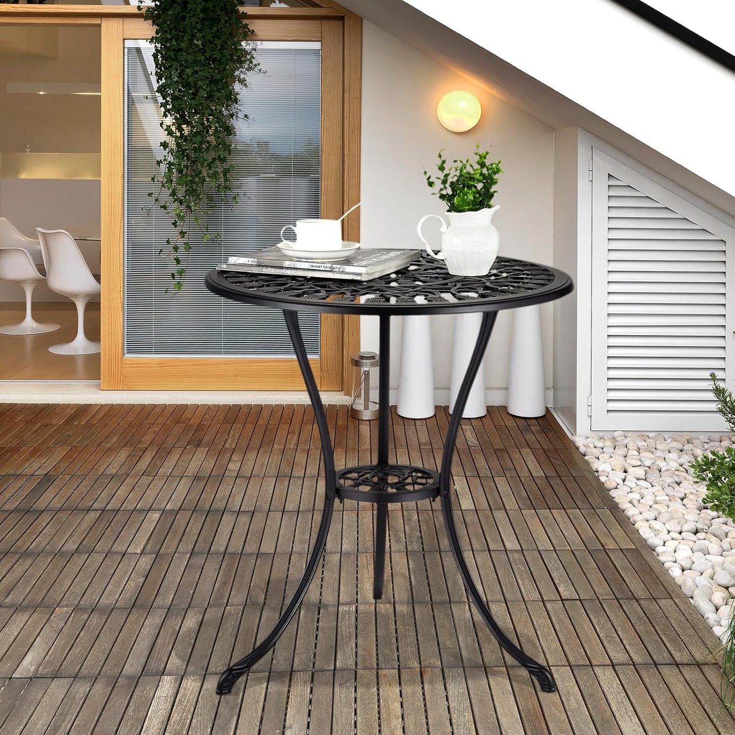 24" Outdoor Round Patio Bistro Table, Cast Aluminum Outdoor Cafe Table with 2 inch Umbrella Hole for Porch,Backyard,Garden, Tulip Pattern, Black