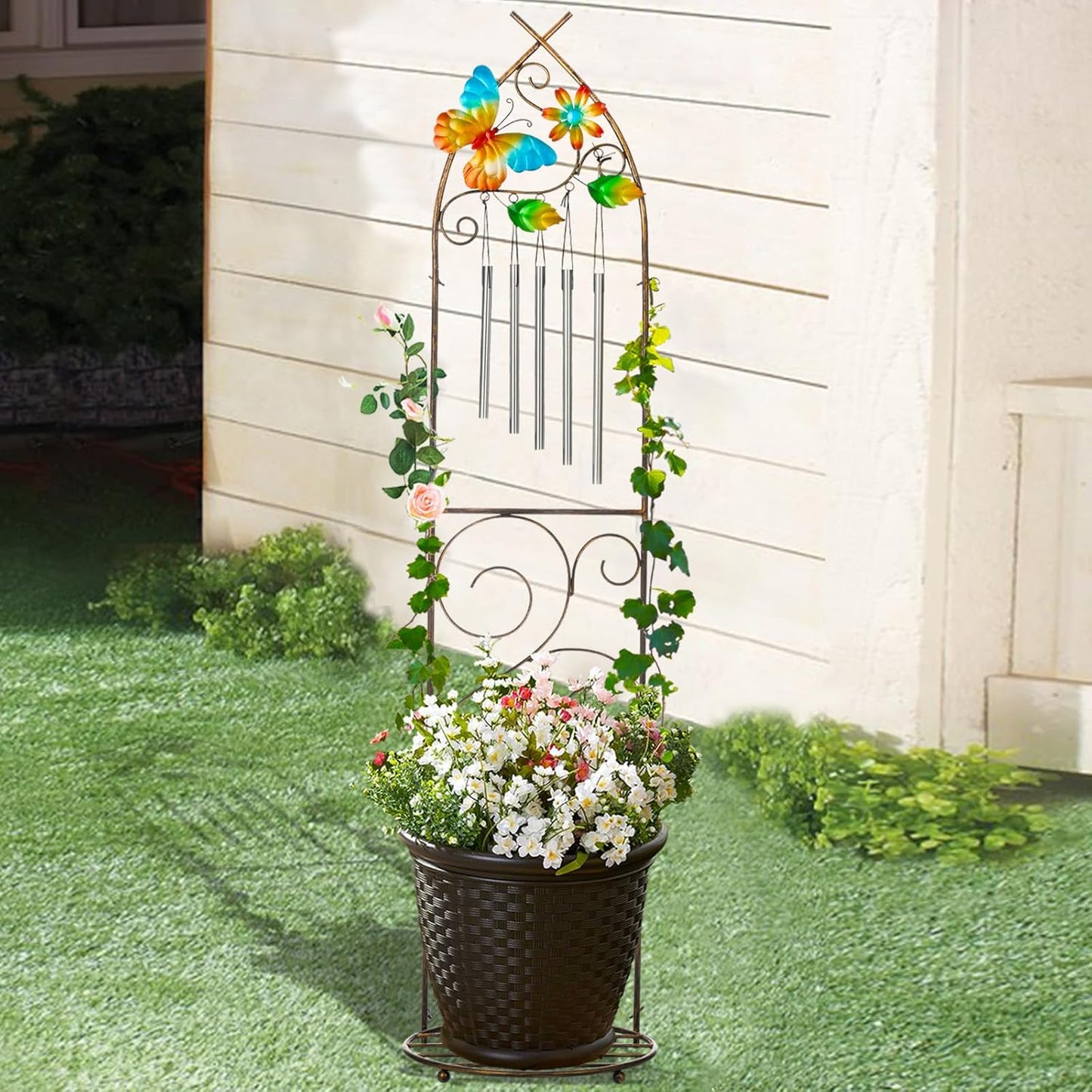 Plant Stands with Garden Trellis, 48” Metal Standing Wind Chimes Plant Pot Trellis with Butterfly for Garden Patio Backyard Climbing Plants Outdoor Decor