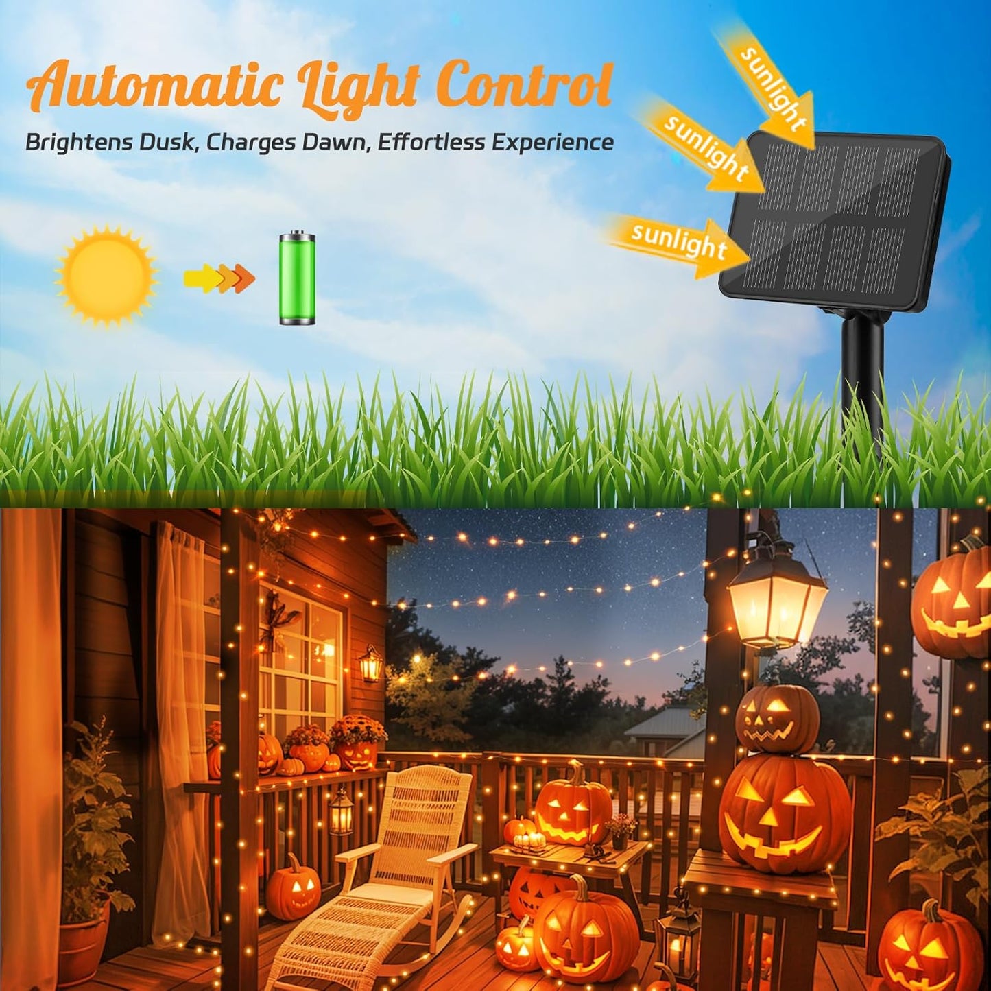 Halloween String Lights Outdoor Waterproof, Solar Fairy Lights 16.4ft 50LED 8 Modes Orange Halloween Lights for Yard Outside Pathway Patio Party Backyard Decorations
