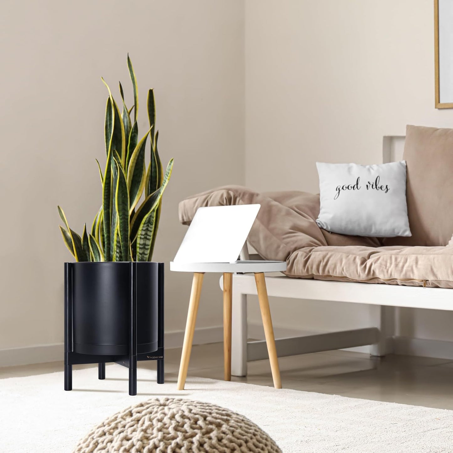 D'vine Dev Planter Pot with Stand - 14 Inch Plastic Cylinder Flower Pot with Wood Planter Holder for Indoor, Matte Black Pot + Ebony Stand, 55-C-T-2