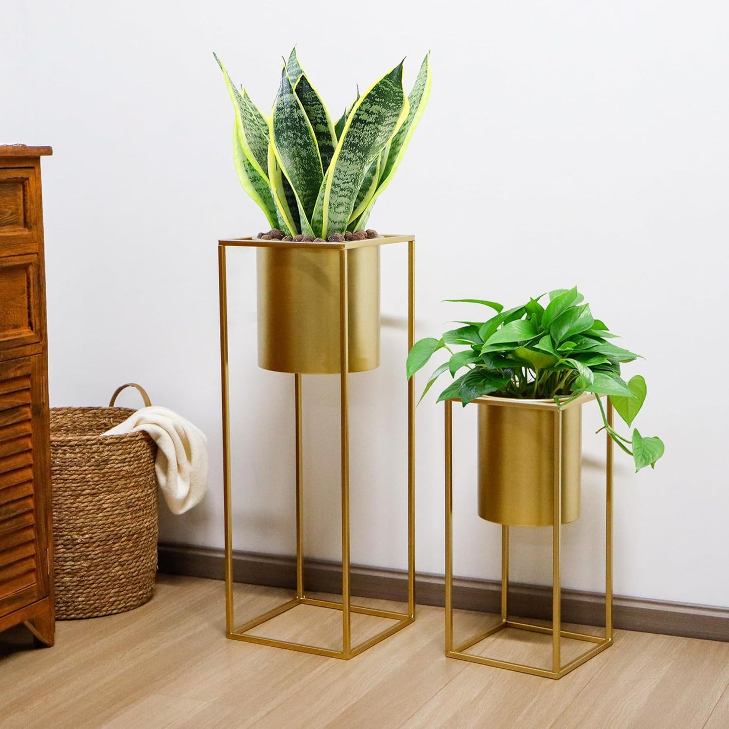 TRIROCKS Set of 2 Large Planters with Stand Gold Planter for Indoor Plants 28 &18" H Morden Plant Pots for Living Room Corner Kitchen Office Garden Balcony Patio Decor(Gold)
