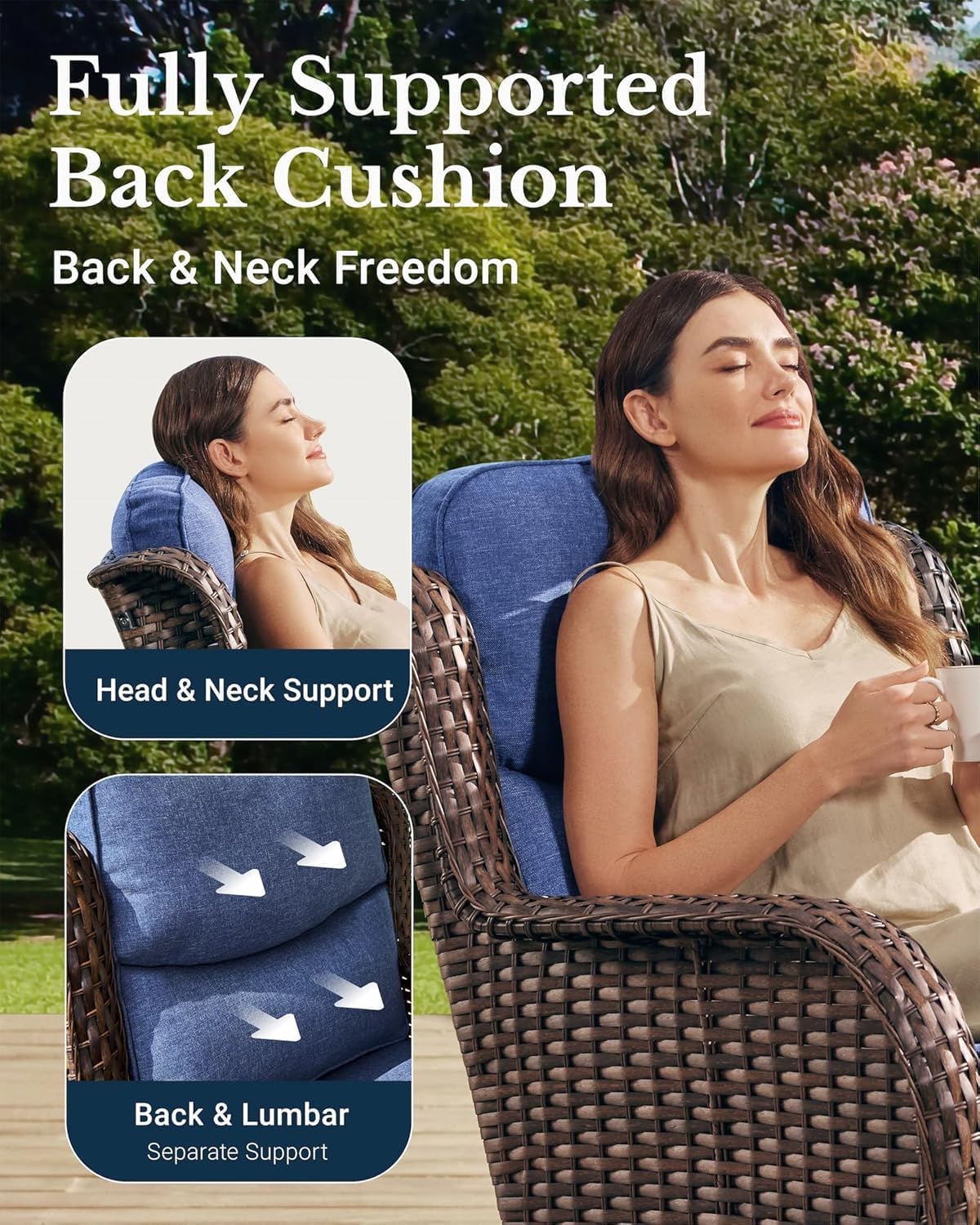 HILLGA Luxury Outdoor Swivel Rocker Patio Chairs of 2 with 6 Inch Thick Cushions and Side Table, Swivel Outdoor Chairs 3PCS High Back Wicker Patio Furniture Set for Porch, Balcony, Deck in Blue