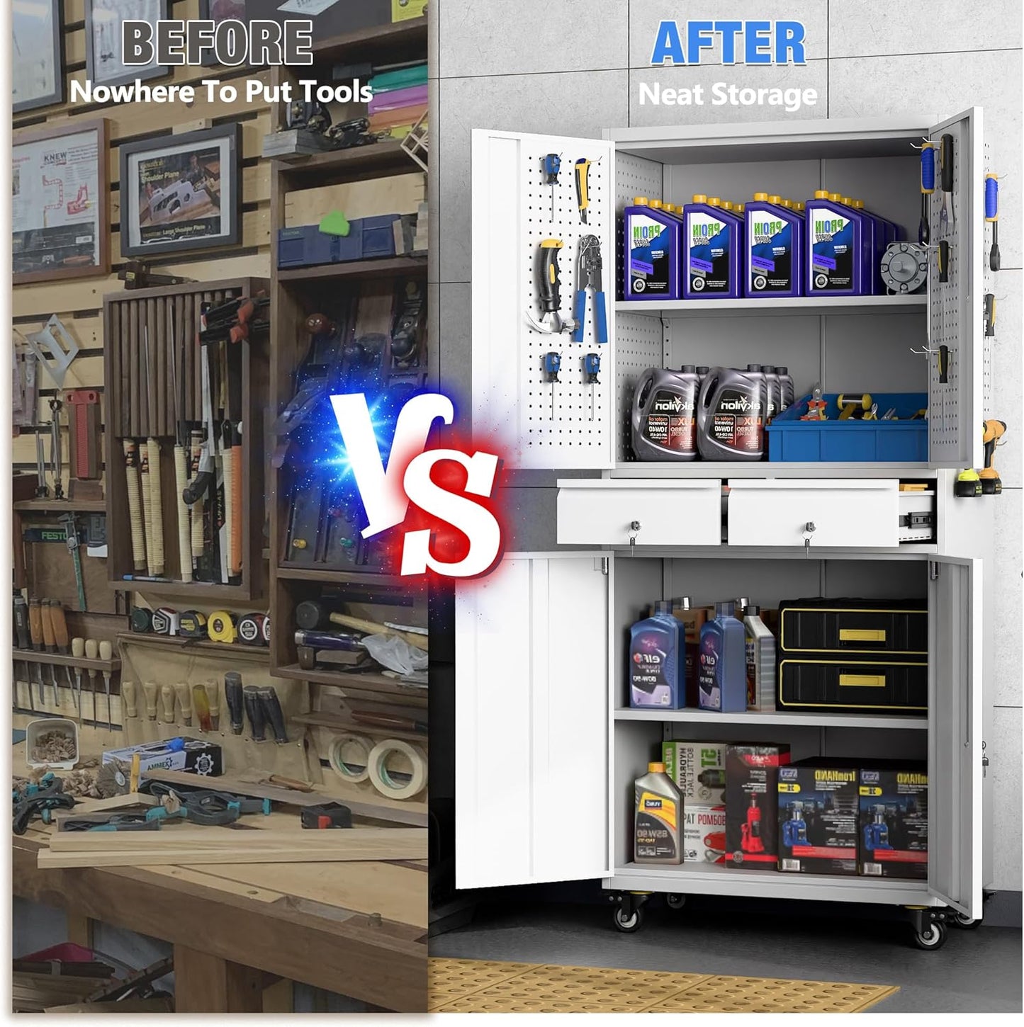 Garage Storage Cabinet with Wheels, Metal Storage Cabinet with 2 Drawers and 2 Adjustable Shelves, Metal Lockers with Pegboards for Homes, Offices, Kitchens, and Pantries, Gray and White