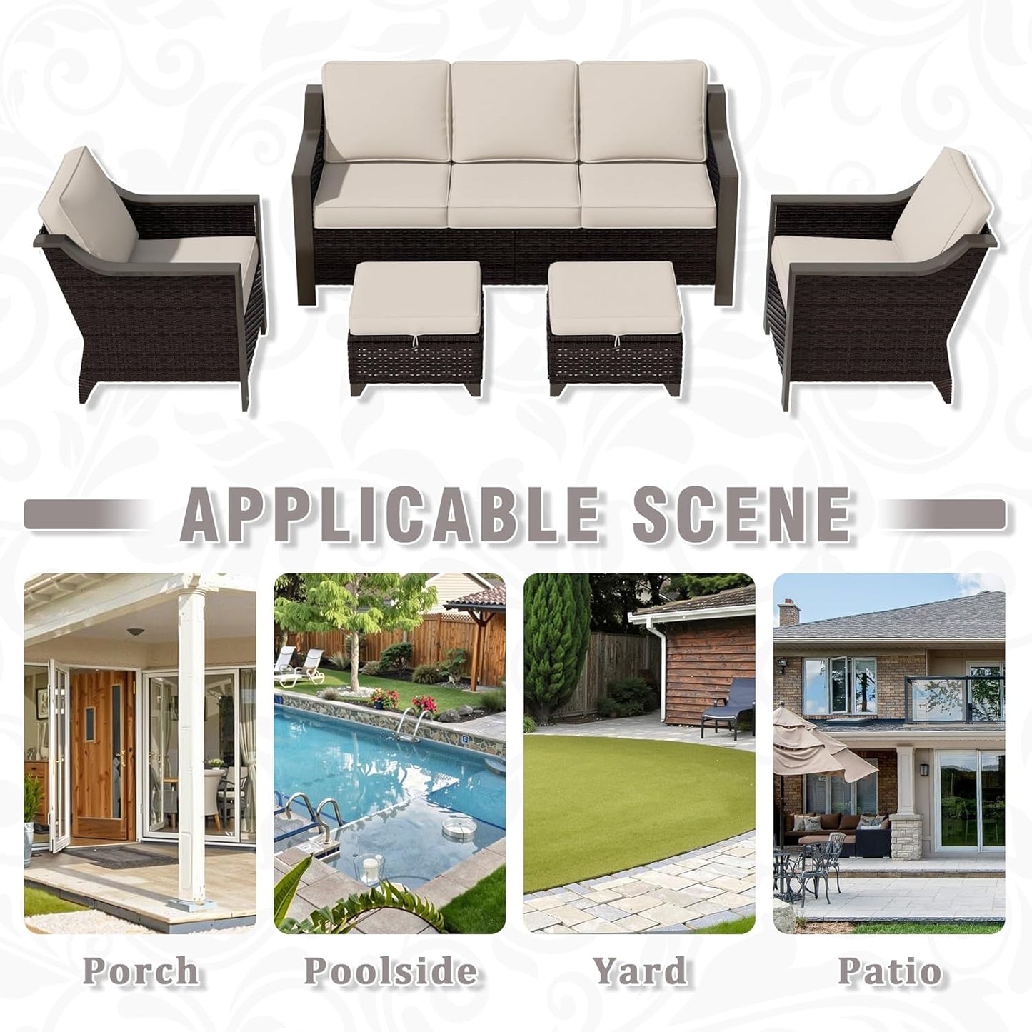 5 Piece Wicker Patio Conversation Set, All-Weather Use Outdoor 2 PE Rattan Chair, 2 Ottoman, 1 Patio Sofa, Removable Water-Resistant Cushion, Ideal for Porch, Backyard, Balcony, Poolside, Beige