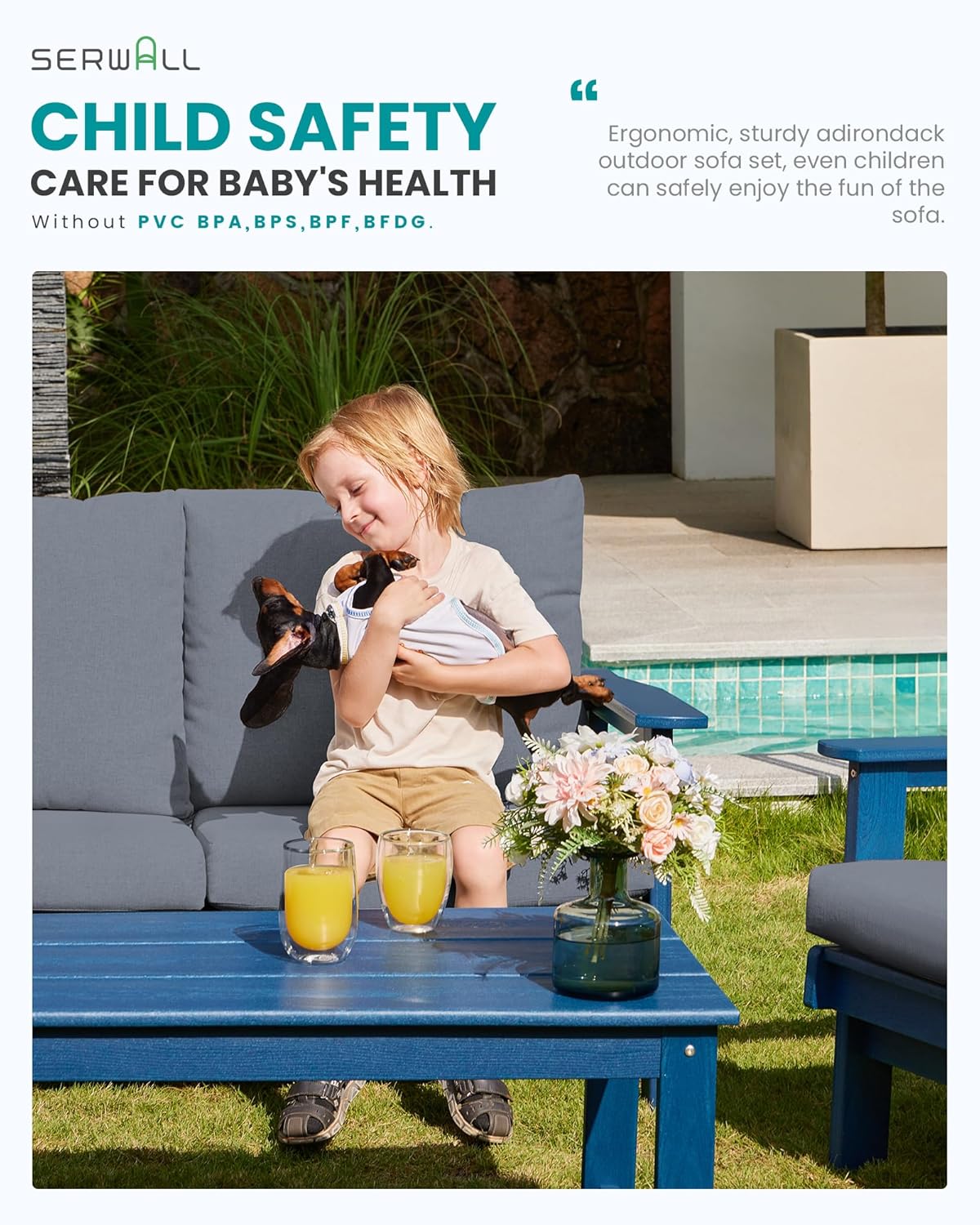 SERWALL HDPE Outdoor Couch Set of 2, Blue Frame and Grey Cushion