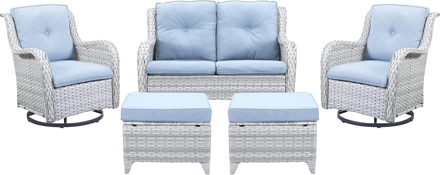 5 Piece Outdoor Patio Furniture Set - Patio Wicker Furniture Conversation Set, Outdoor Swivel Rocker Chairs with Loveseat Sofa and 2 Ottomans for Small Space, Light Gray - Baby Blue Cushion