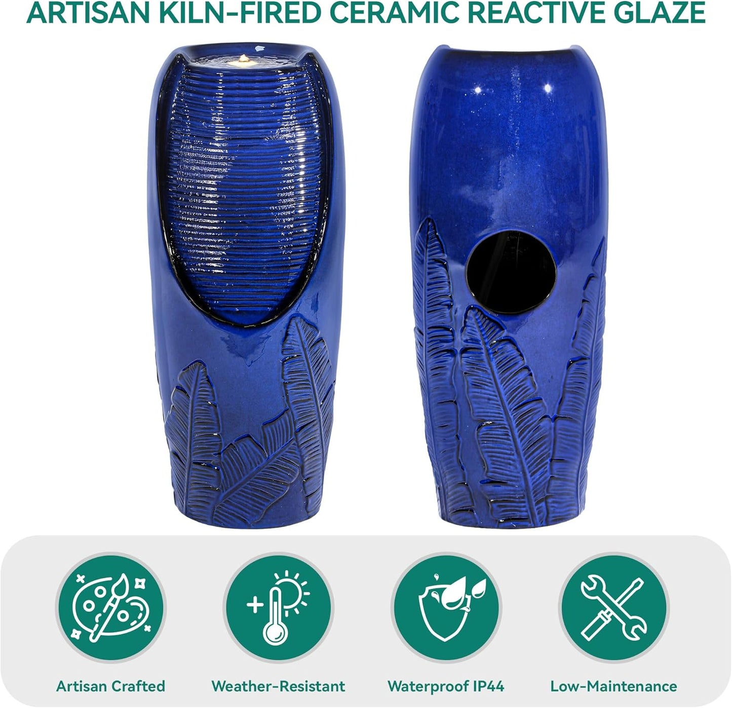 Autodaya 33" H Outdoor Garden Fountain with LED Lights, Modern Ceramic Jar Water Fountain, 3D Tropical Leaf Pattern, Cobalt Blue Glaze, Soothing Cascading Waterfall for Relaxing Patio, Yard, Porch