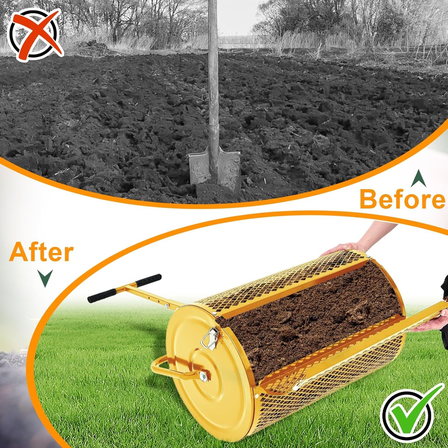 Hiboom 24 Inch Compost Spreader, Peat Moss Spreader, Manure Roller with Adjustable T Shaped Handle, Lightweight Metal Mesh for Lawn Garden Spreading Manure Topsoil (Gold)