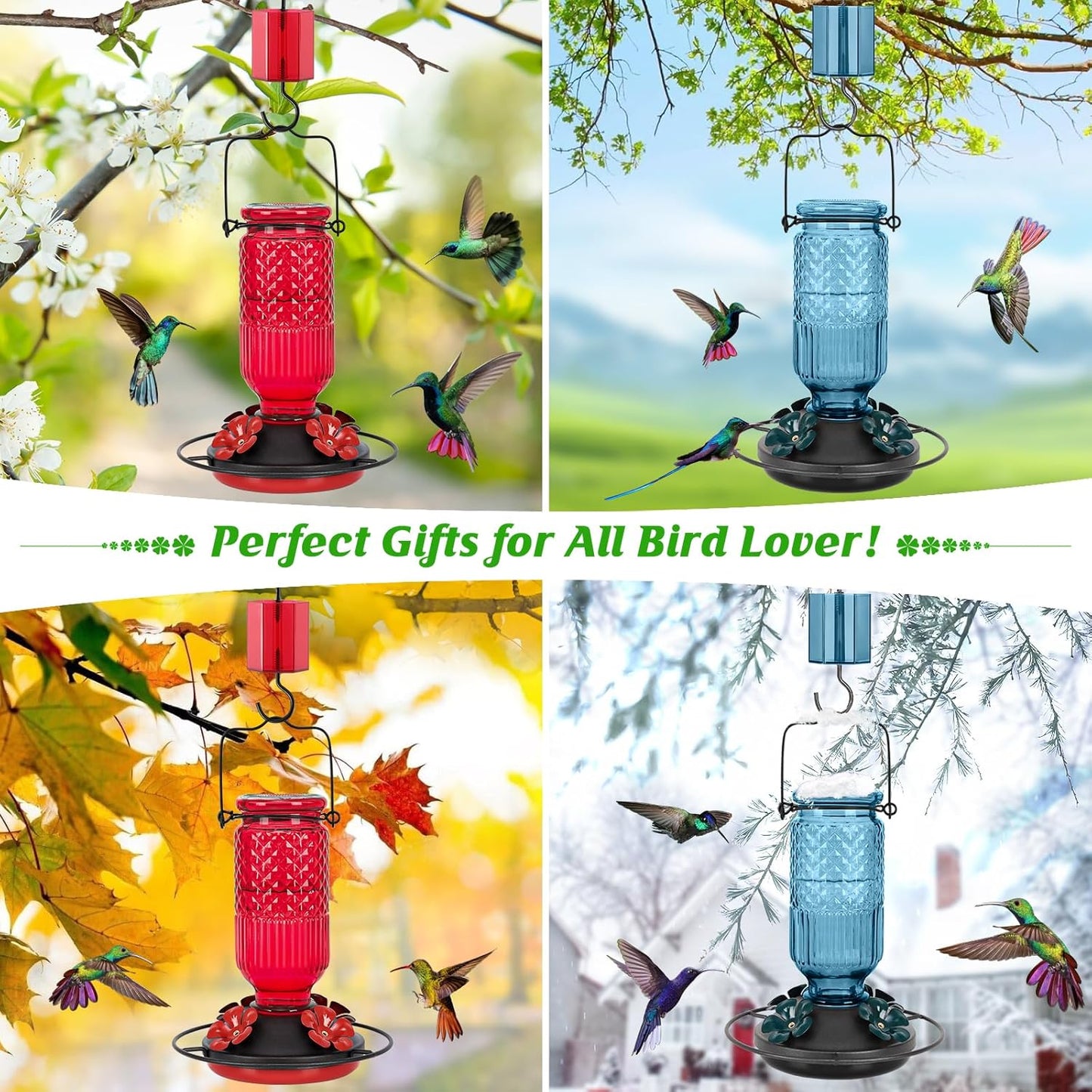 FEED GARDEN Glass Hummingbird Feeder for Outdoors Hanging, 16 OZ Humming Birds Feeders with 4 Bee Guard Feeding Ports & Built-in Ant Moat, Hummingbird Gifts for Mom, Bird Feeder for Outside, Blue