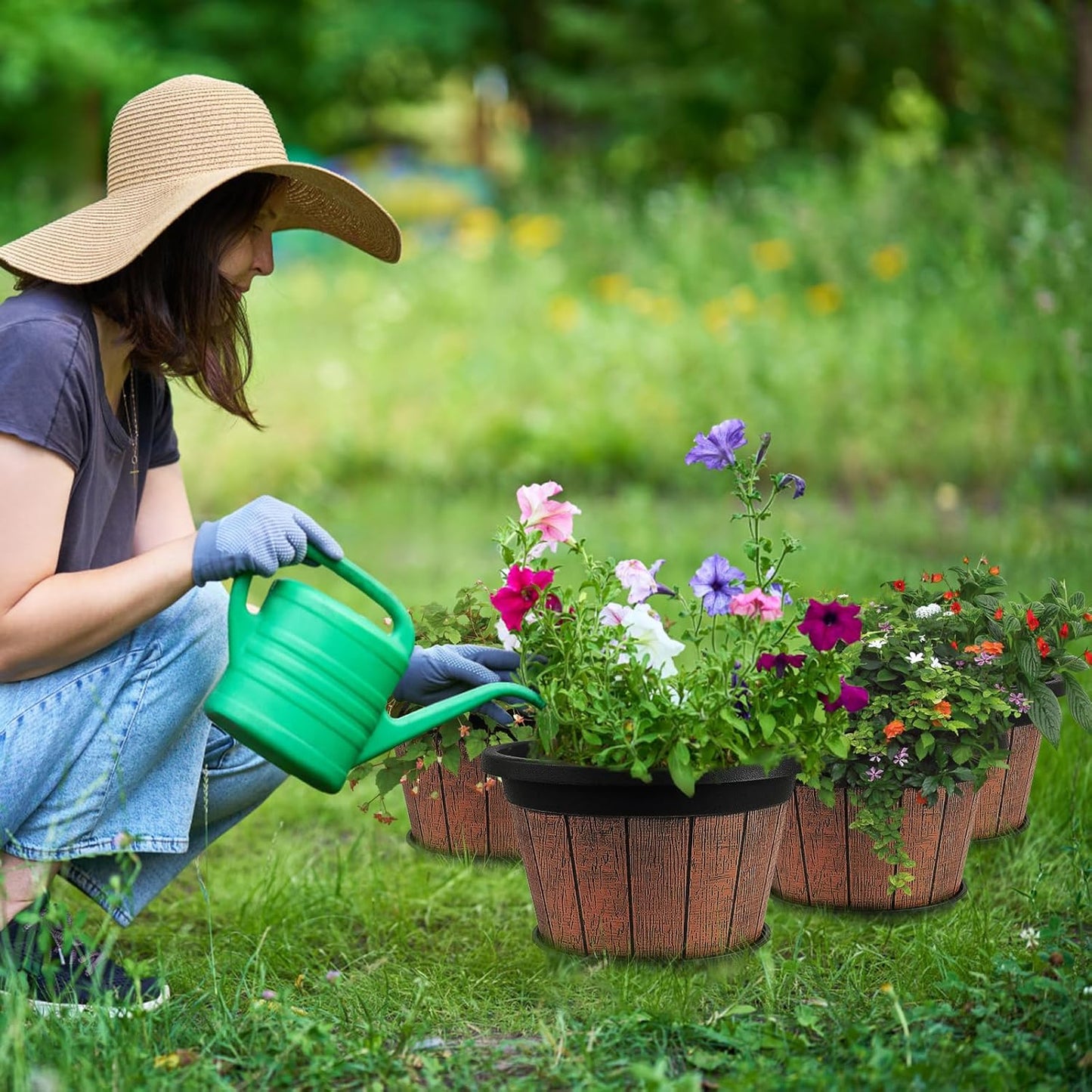Quarut 4 Pack 12 inch Plant Pots,Whiskey Barrel Planters with Drainage Holes & Saucer,Plastic Decoration Flower Pots Retro Design,Planters for Outdoor Indoor Garden Home Plants (Brown)