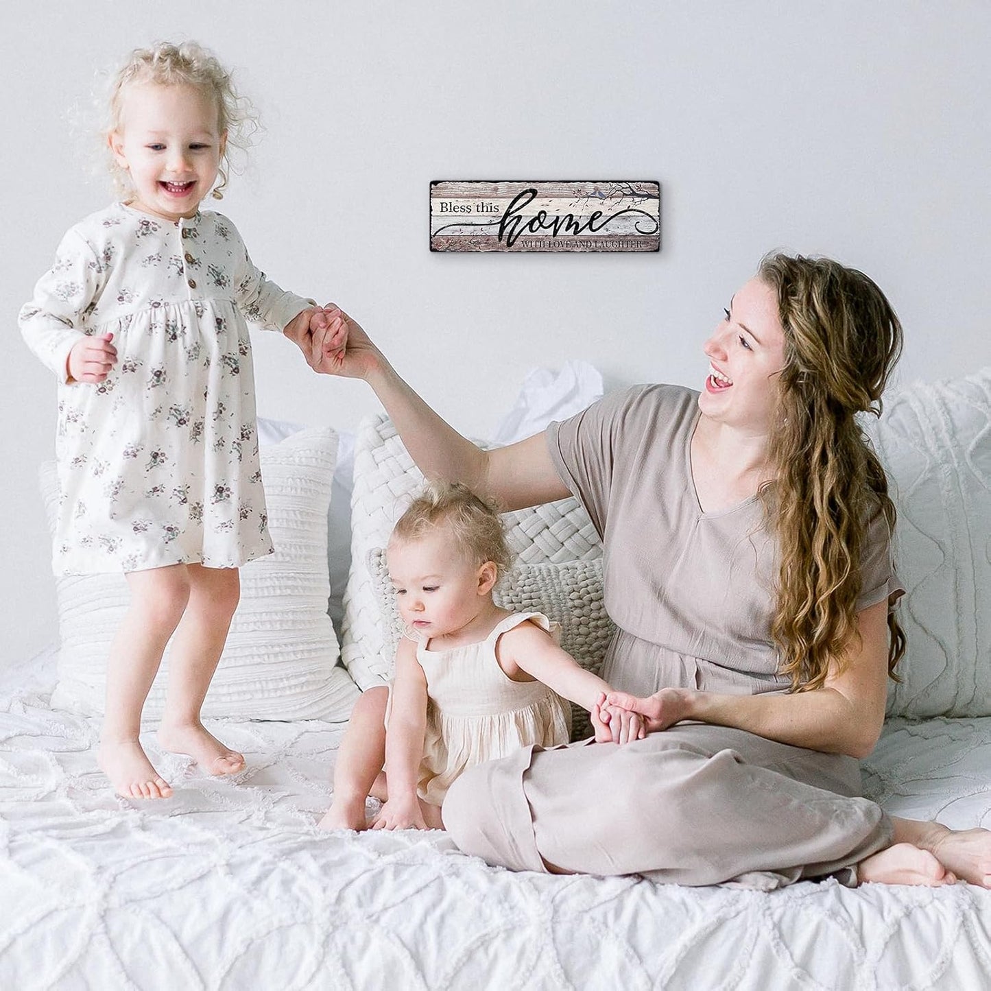 Home Sign Wall Decorations for Living Room Bless - This Home with Love and Laughter - Family Wall Decor Signs for Kitchen Bedroom Dining Room 16x5 Inches