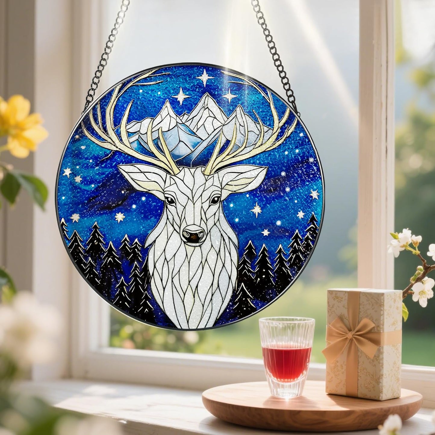 Stained Glass Window Hanging, Pauyadu 8 Inch Night Court Stained Glass Suncatcher, Sun Catchers Indoor Window, Home Decor for Windows, Nature Lover Gifts, Gifts for Women, Mom, Friend, Lover