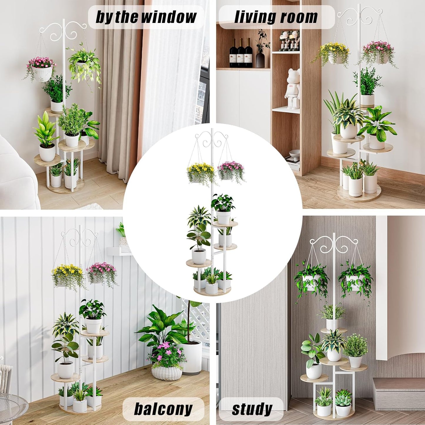 Plant Stand Indoor 5 Tier 8 Potted with hook hanging basket Multiple Flower Pot Holder for Patio Garden Balcony Living Room Corner (5 Tier with hook White+Sonoma Oak)