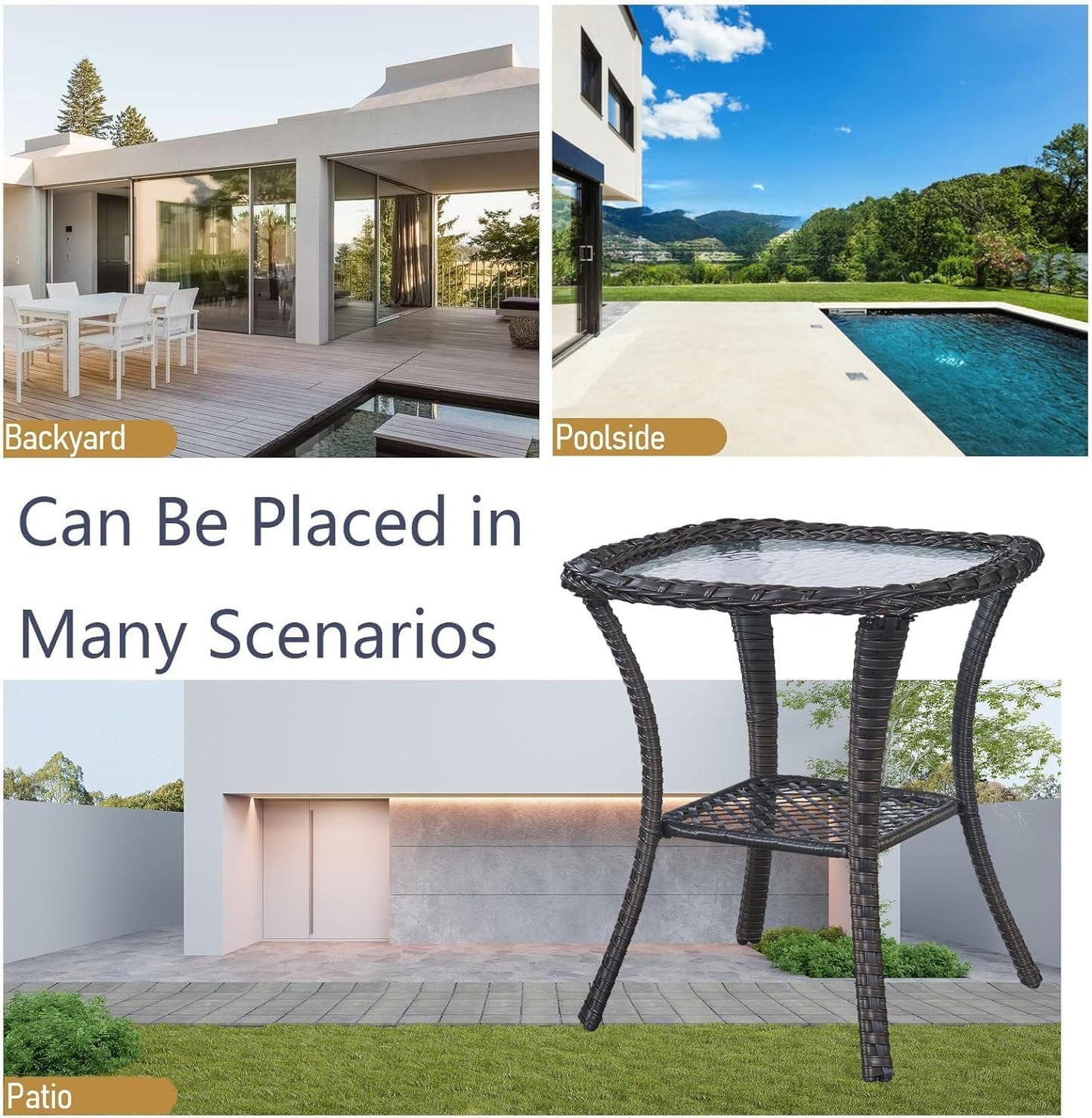 Outdoor Side Table, Brown Rattan Wicker Patio Side Table, Patio End Table, Small Outdoor Side Table with Glass Tabletop and Storage Shelf (Brown)