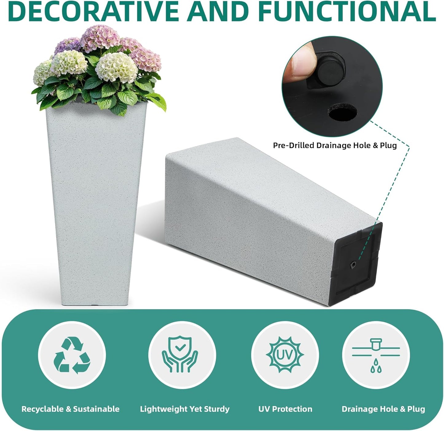 28" Tall Planters for Indoor Outdoor Plants, Set of 2 Large Tapered Flower Pots, Modern Plant Containers for Patio, Garden, Porch, Balcony or Home Decor, White Terrazzo, Durable & UV-Resistant