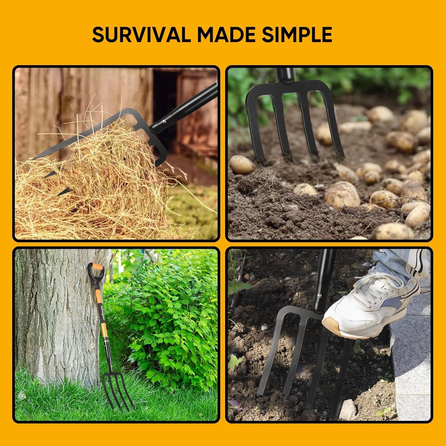 Garden Fork with Ergonomic Handle, Fiberglass Handle,4-Tine Pitchforks for Gardening Digging Composting Spading.