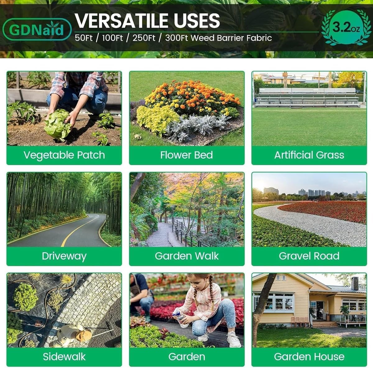 3ftx180ft Weed Barrier Landscape Fabric Heavy Duty, 3.2oz Weed Barrier Garden Fabric, Easy Setup Woven Landscaping Fabric