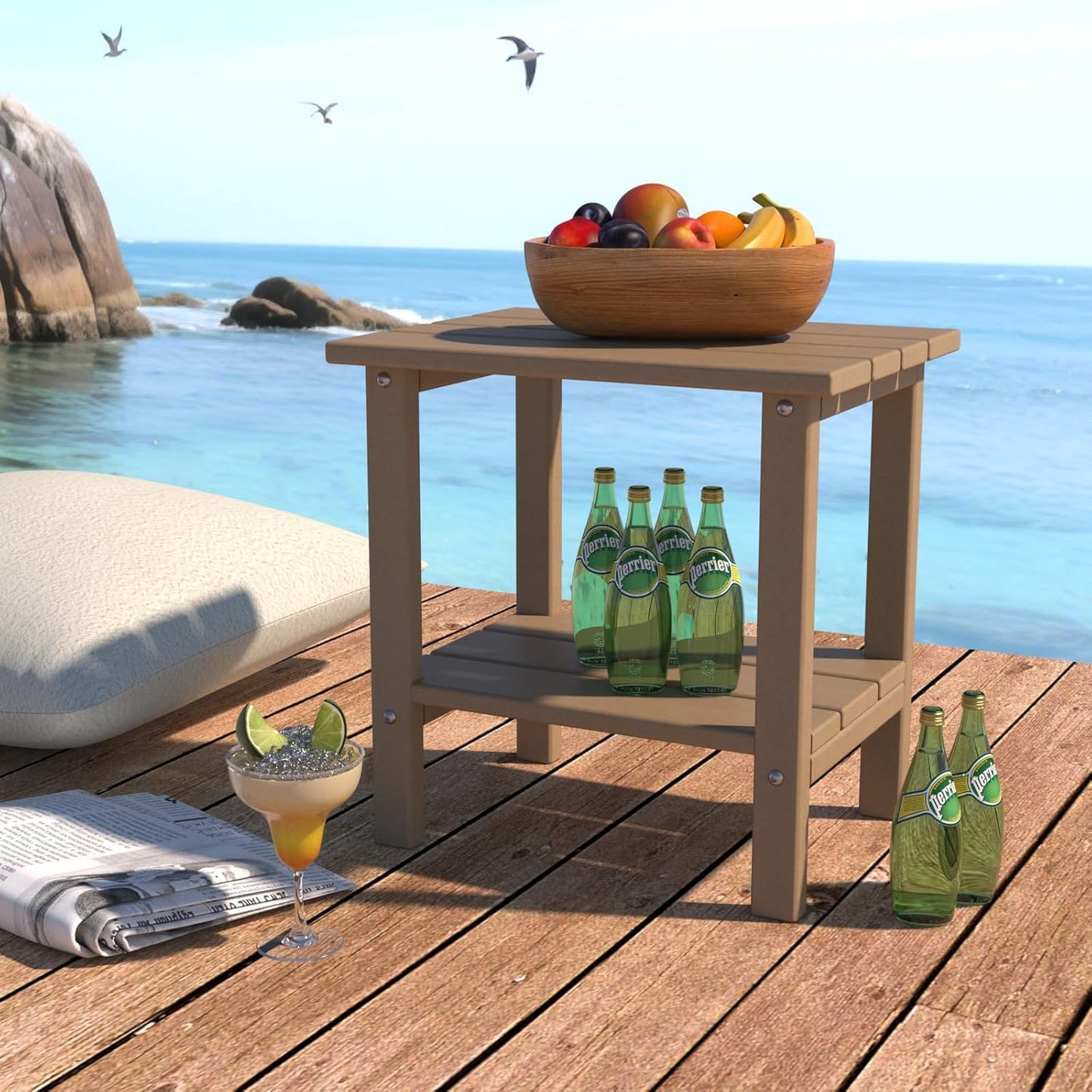 Outdoor Side Table, 2-Tier Adirondack Storage Patio Side Table, Weather Resistant Patio End Table for Backyard & Pool, Durable HDPE Small Outdoor Table, Brown